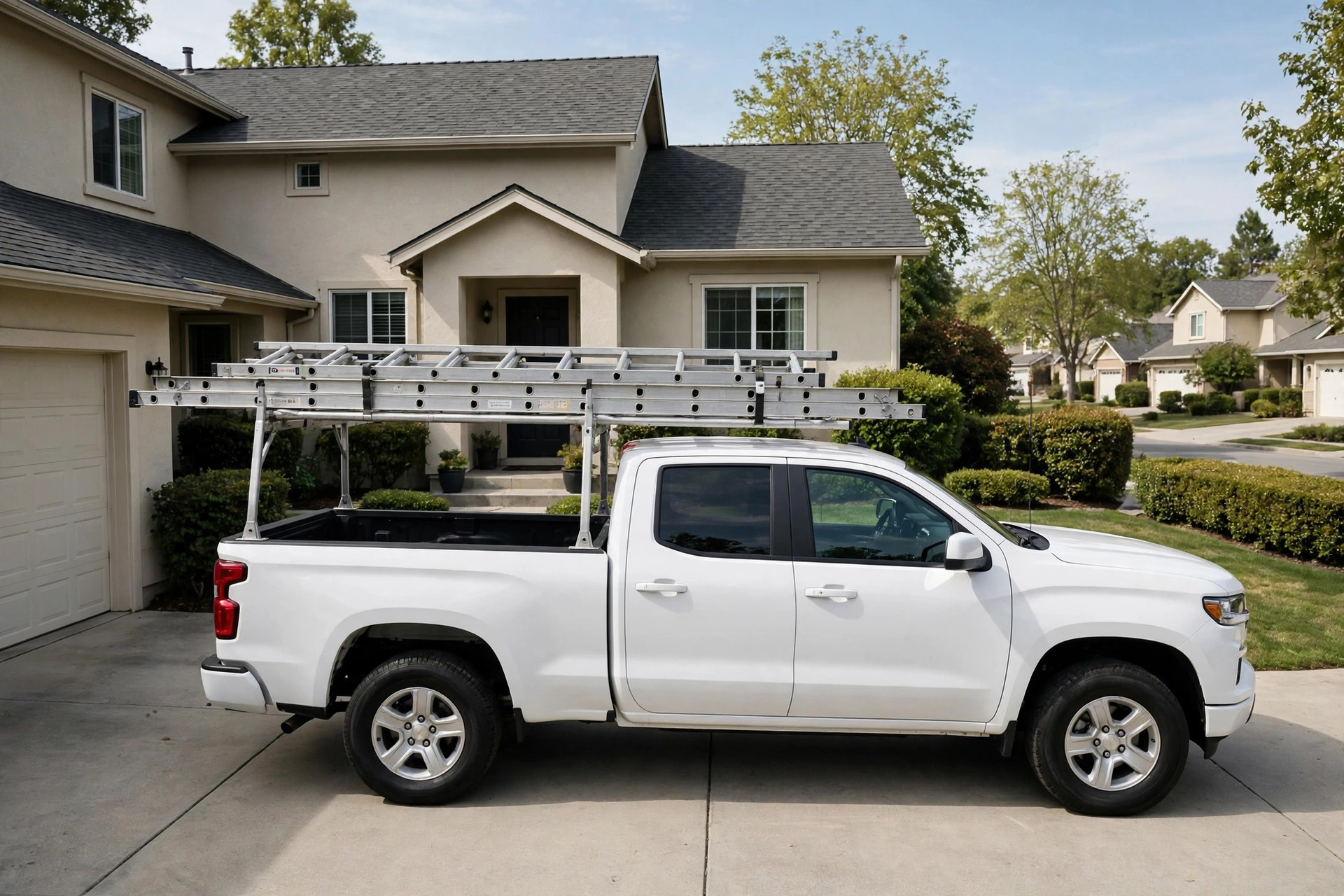 Roofing company work truck with ladders parked at a suburban house
