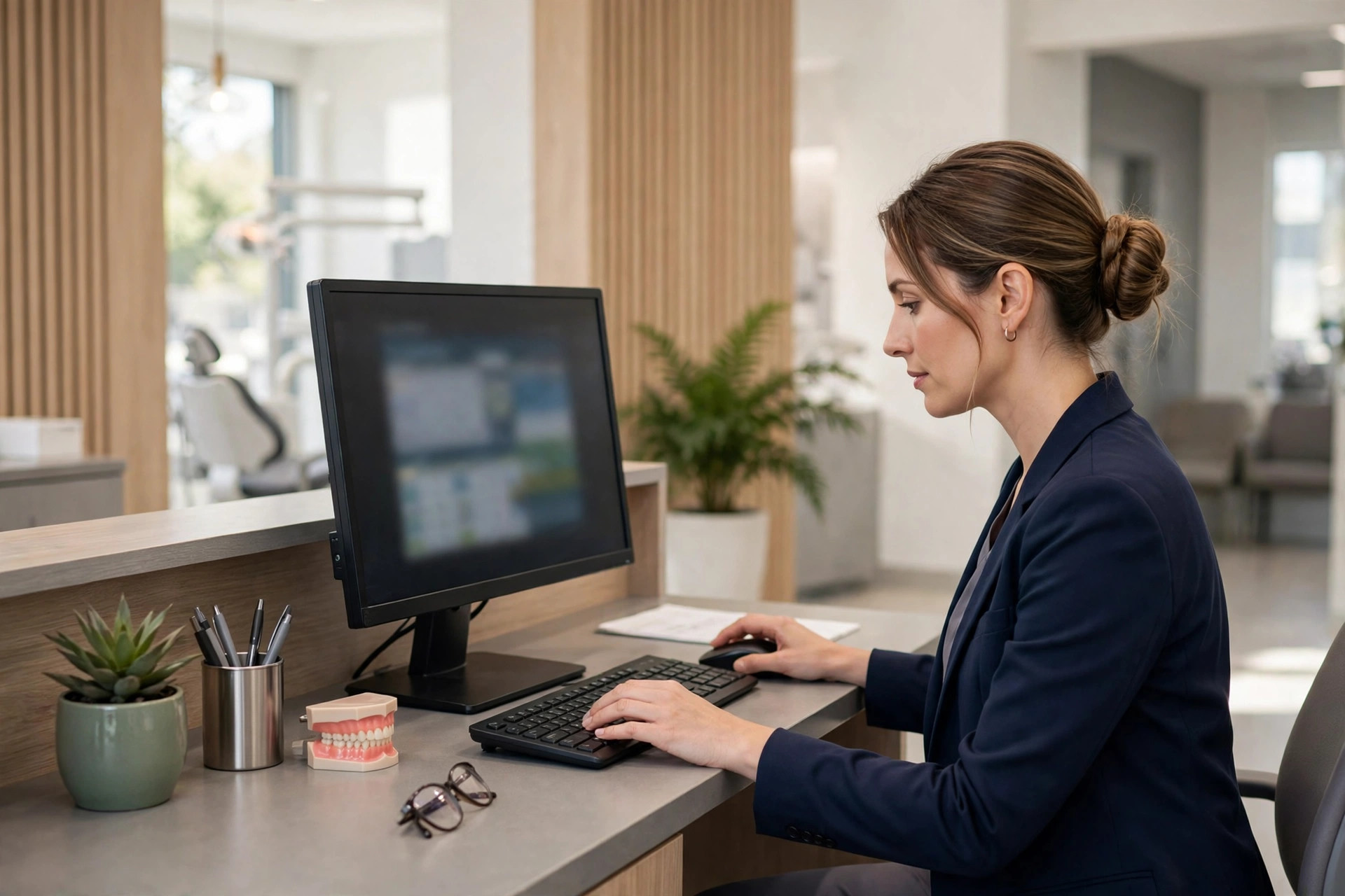 Dental receptionist scheduling appointments at a modern front desk
