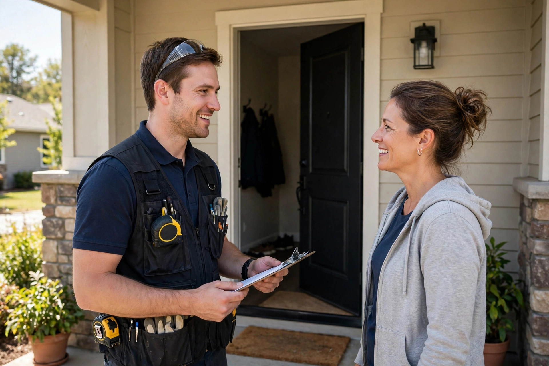 Roofing estimator with a clipboard talking to a homeowner at the front door