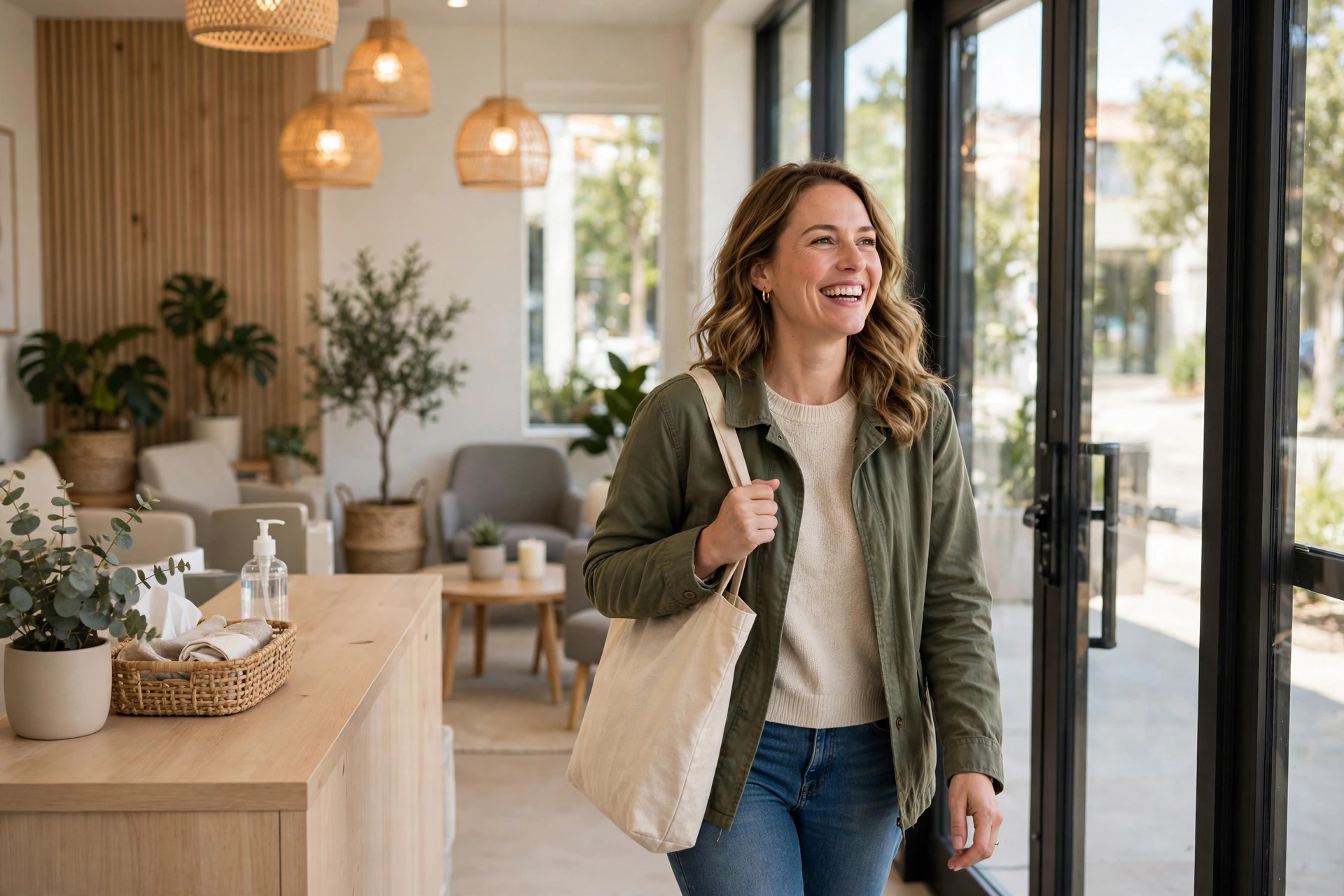 Happy patient leaving a dental clinic reception after a checkup