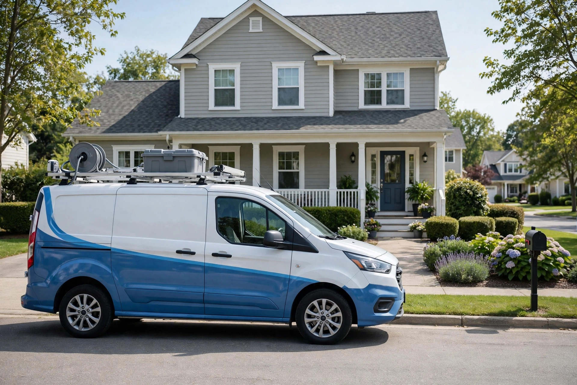 Cleaning company van parked in front of a tidy suburban home