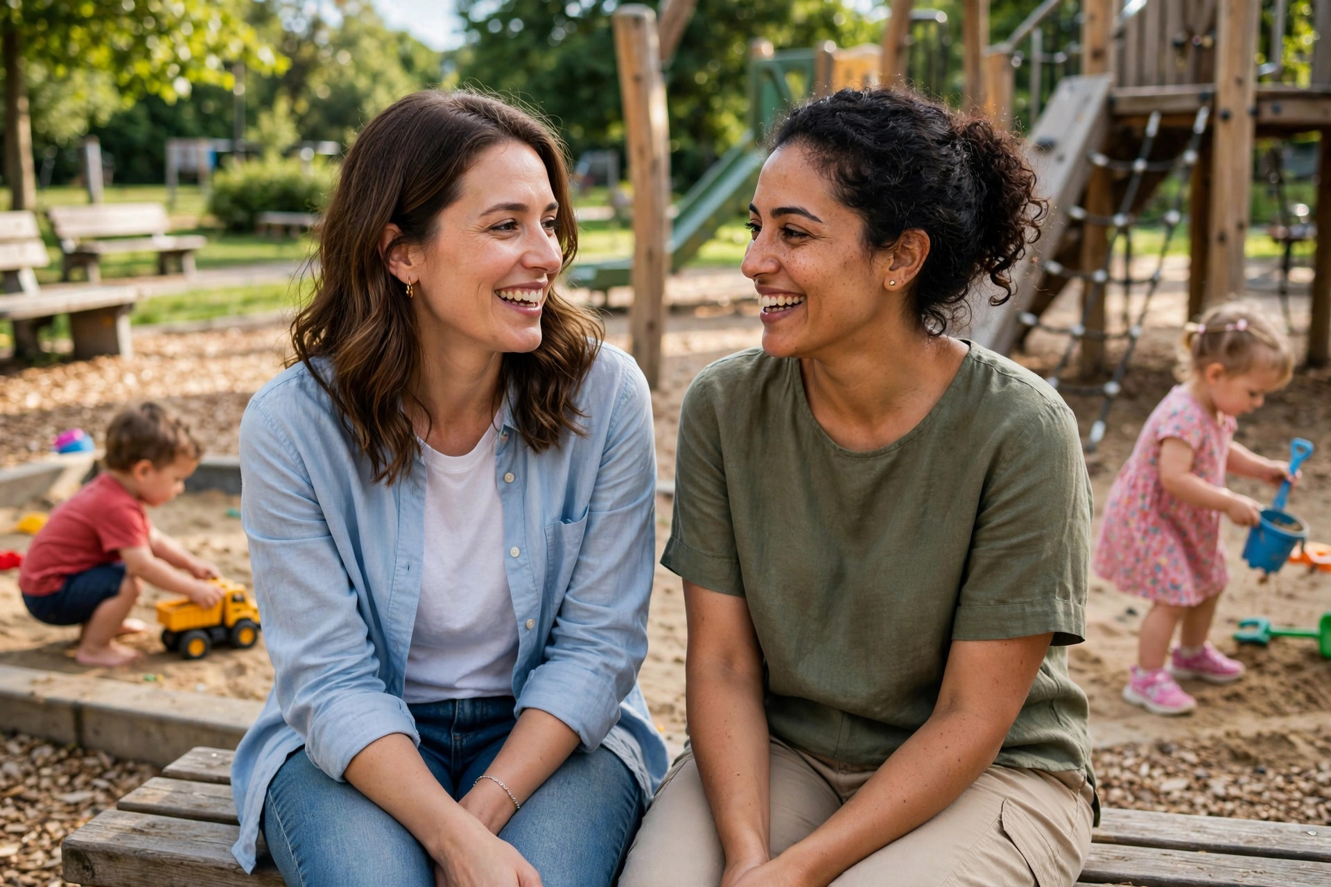 Two mothers talking and smiling at a playground while toddlers play