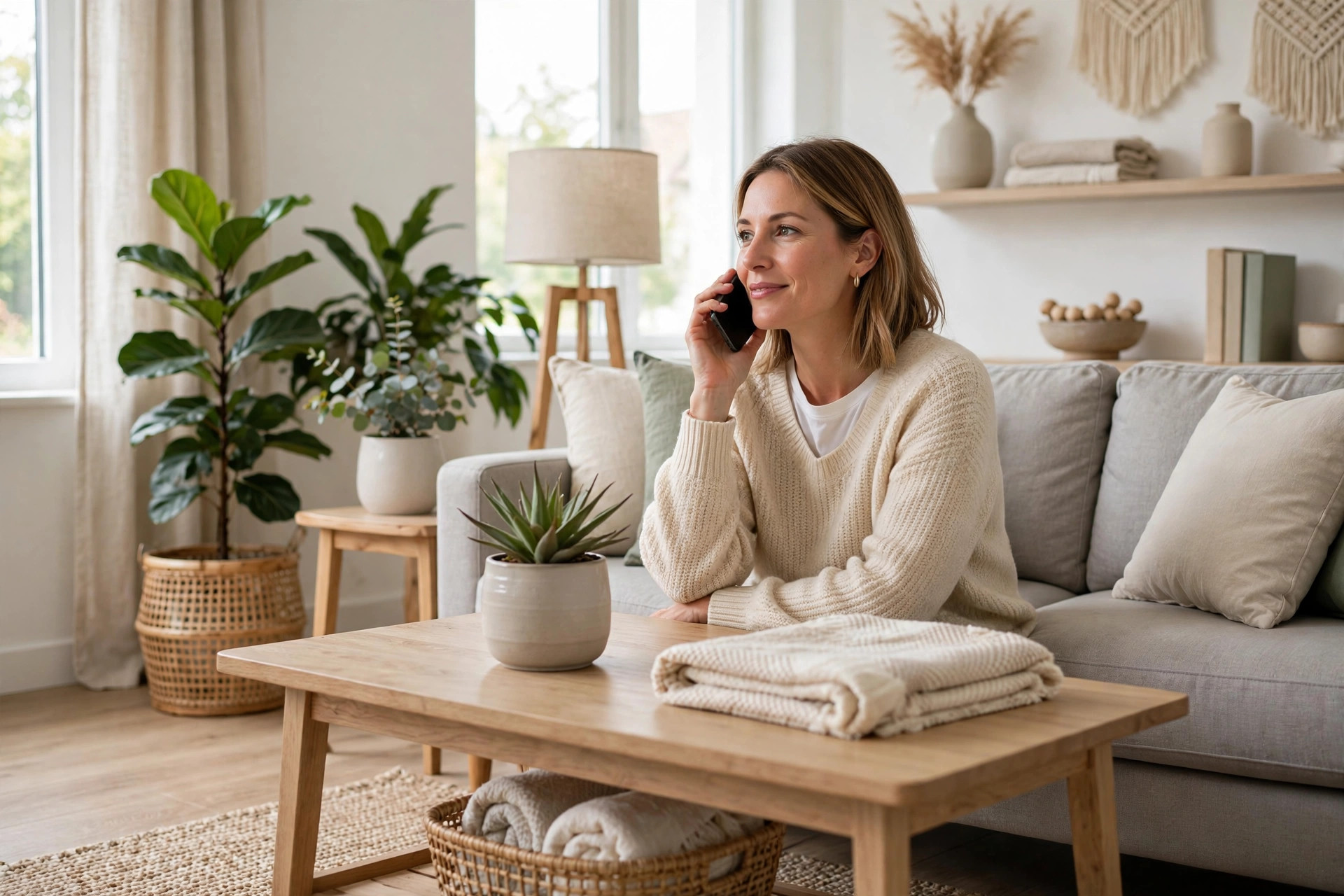 Homeowner talking on the phone in a tidy bright living room