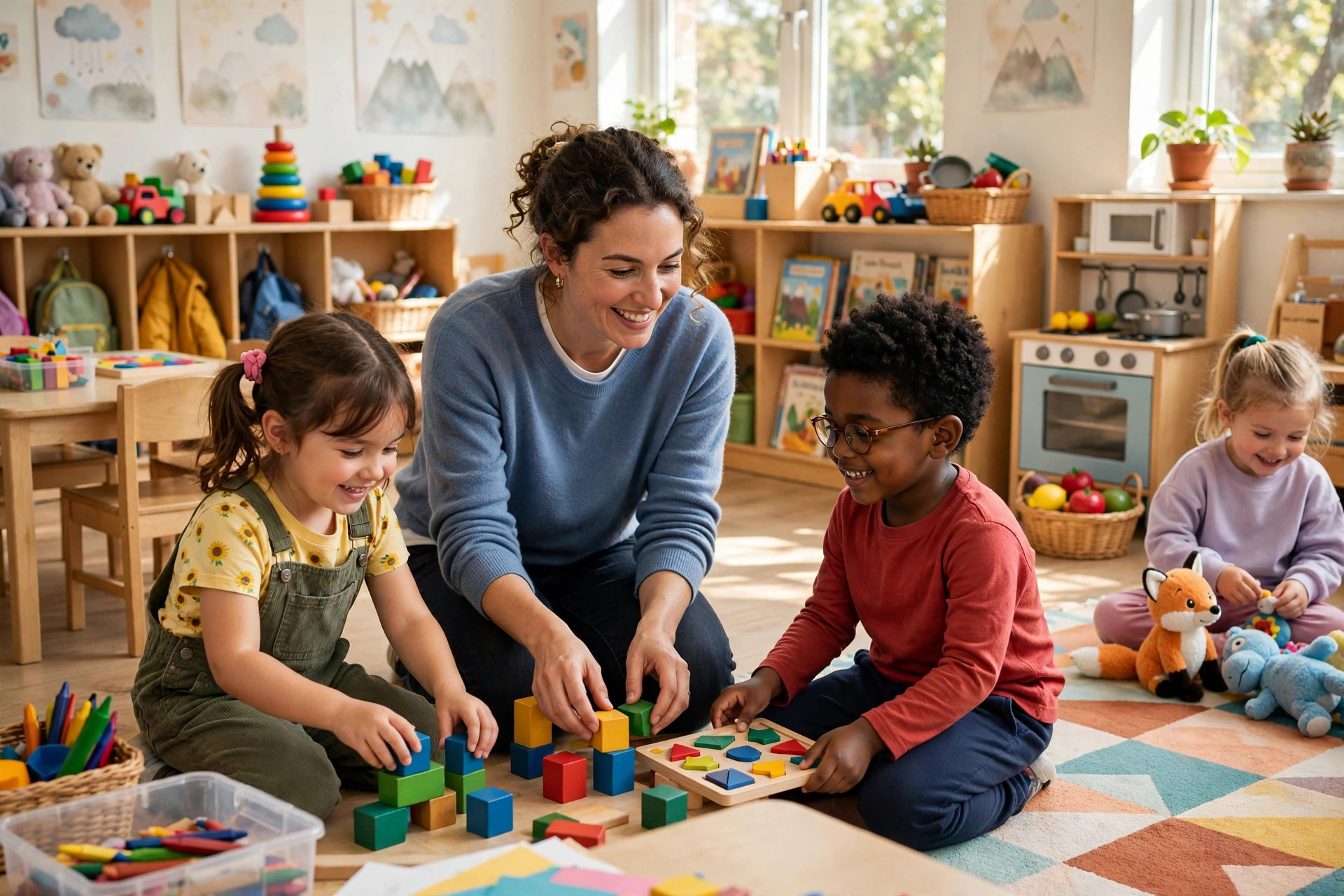 Cheerful daycare classroom with children playing with a teacher