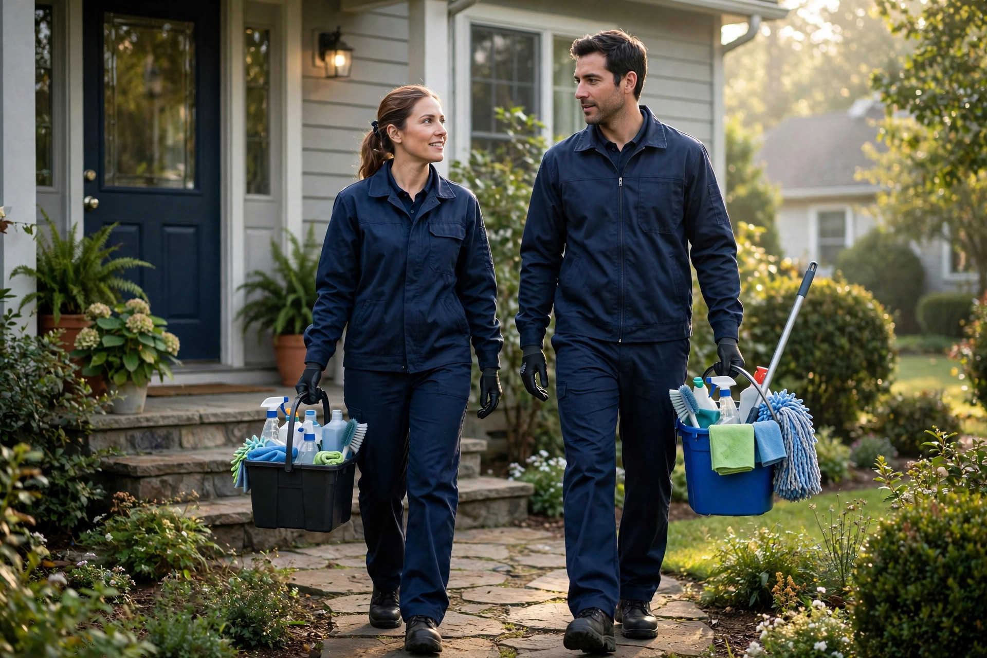 Cleaning team in uniforms carrying supplies to a house front door