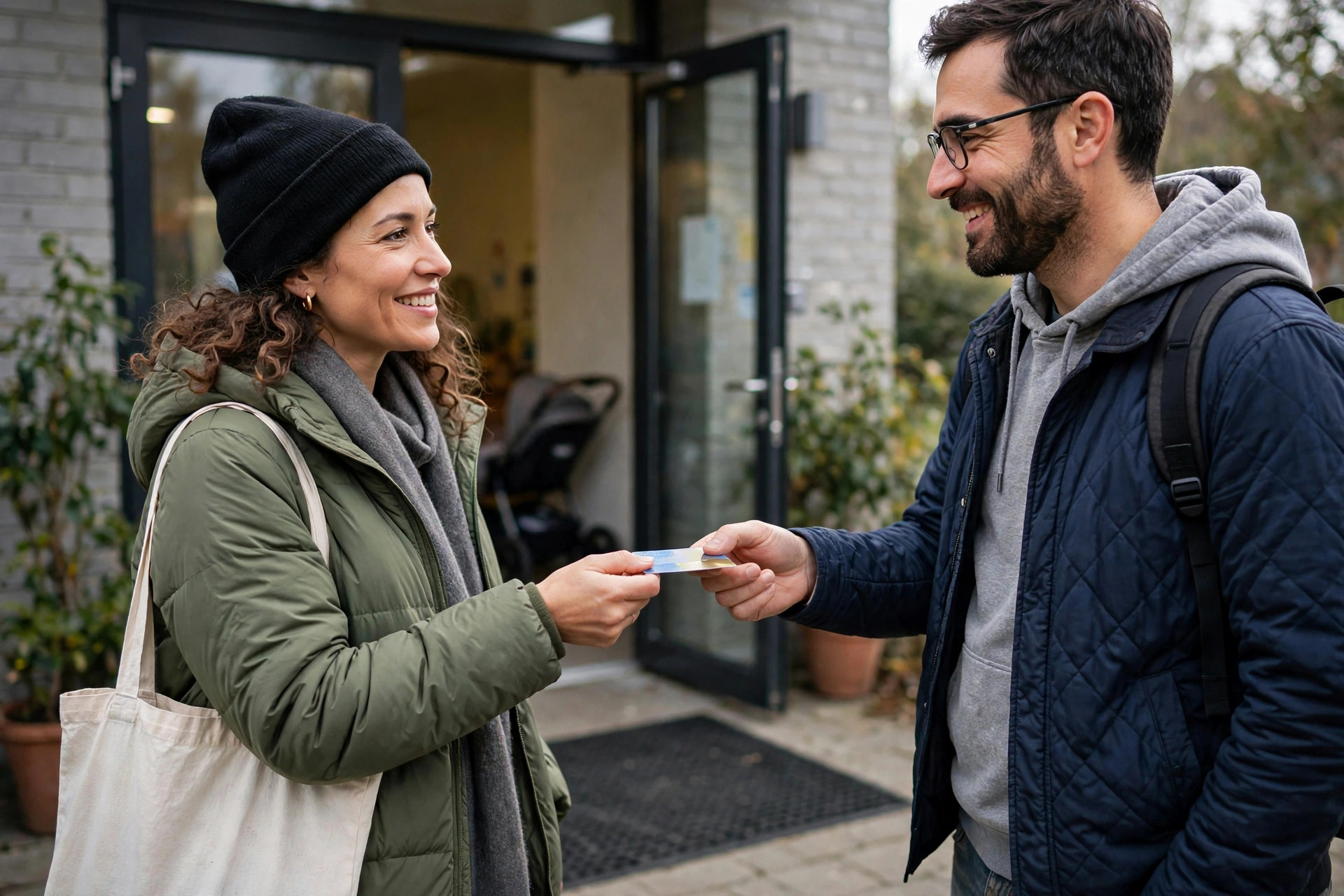 Parent handing a gift card to another parent at a daycare entrance