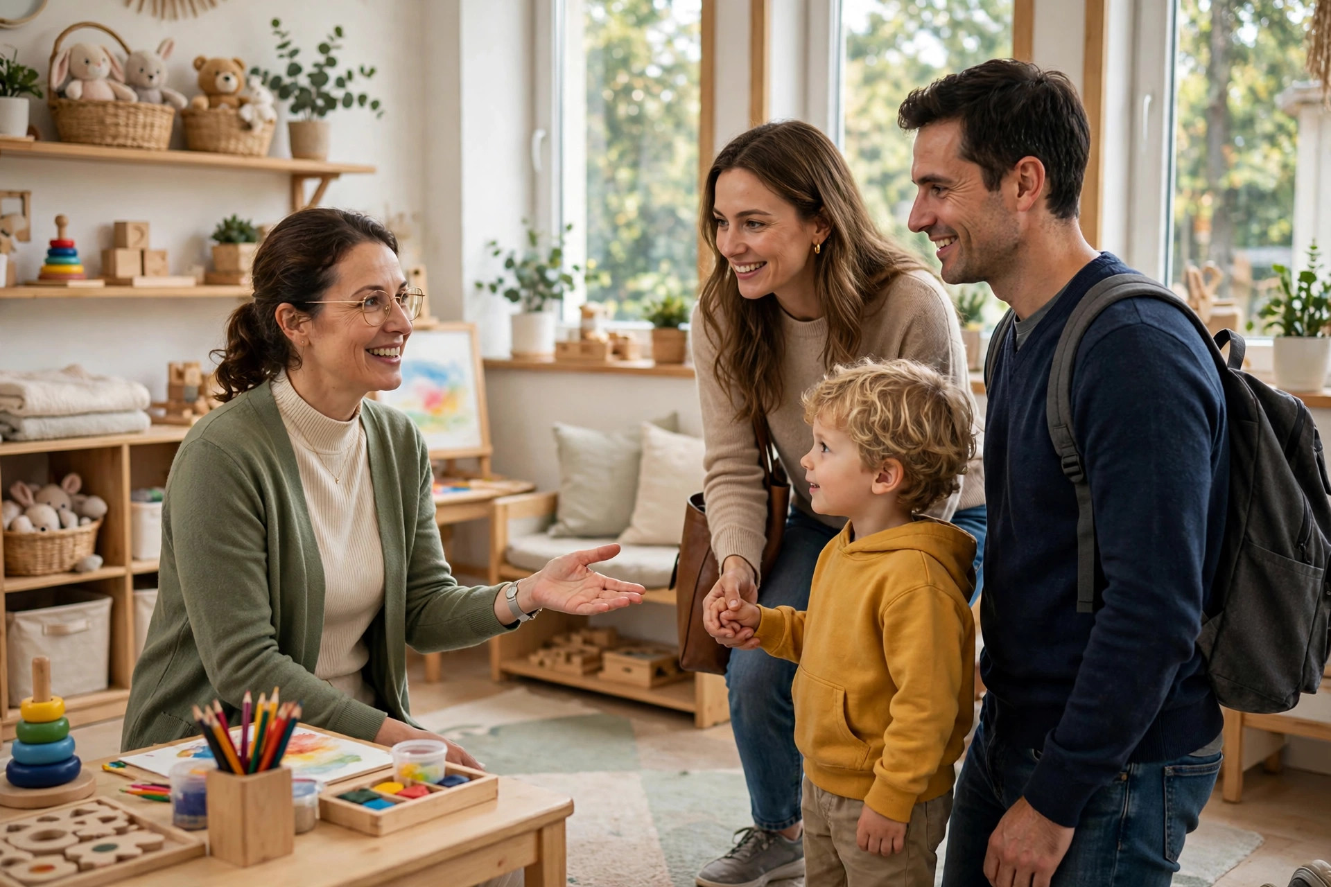 How to Fill Empty Daycare Spots: 9 Strategies That Work Daycare director giving a tour to a young family in a bright classroom