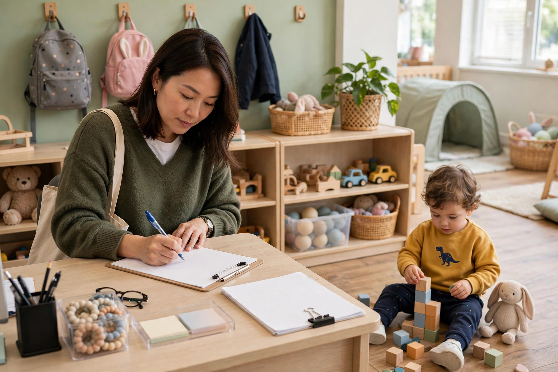 How to Fill Empty Daycare Spots: 9 Strategies That Work Mother signing enrollment paperwork at a daycare front desk