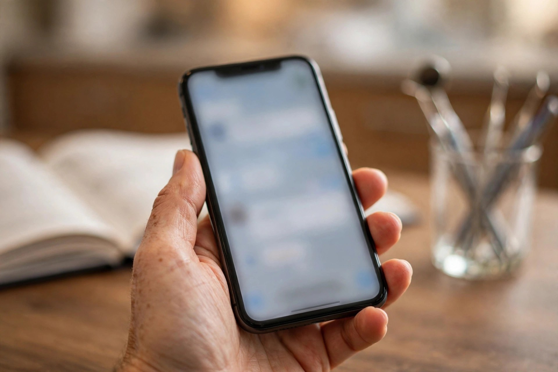 Hand holding a smartphone with a messaging app next to a dental appointment book