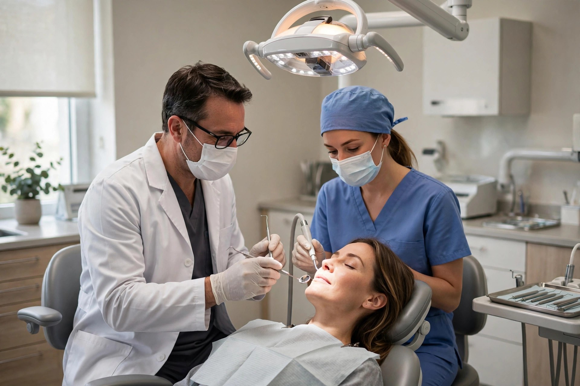 Dentist and assistant treating a patient in a modern dental clinic