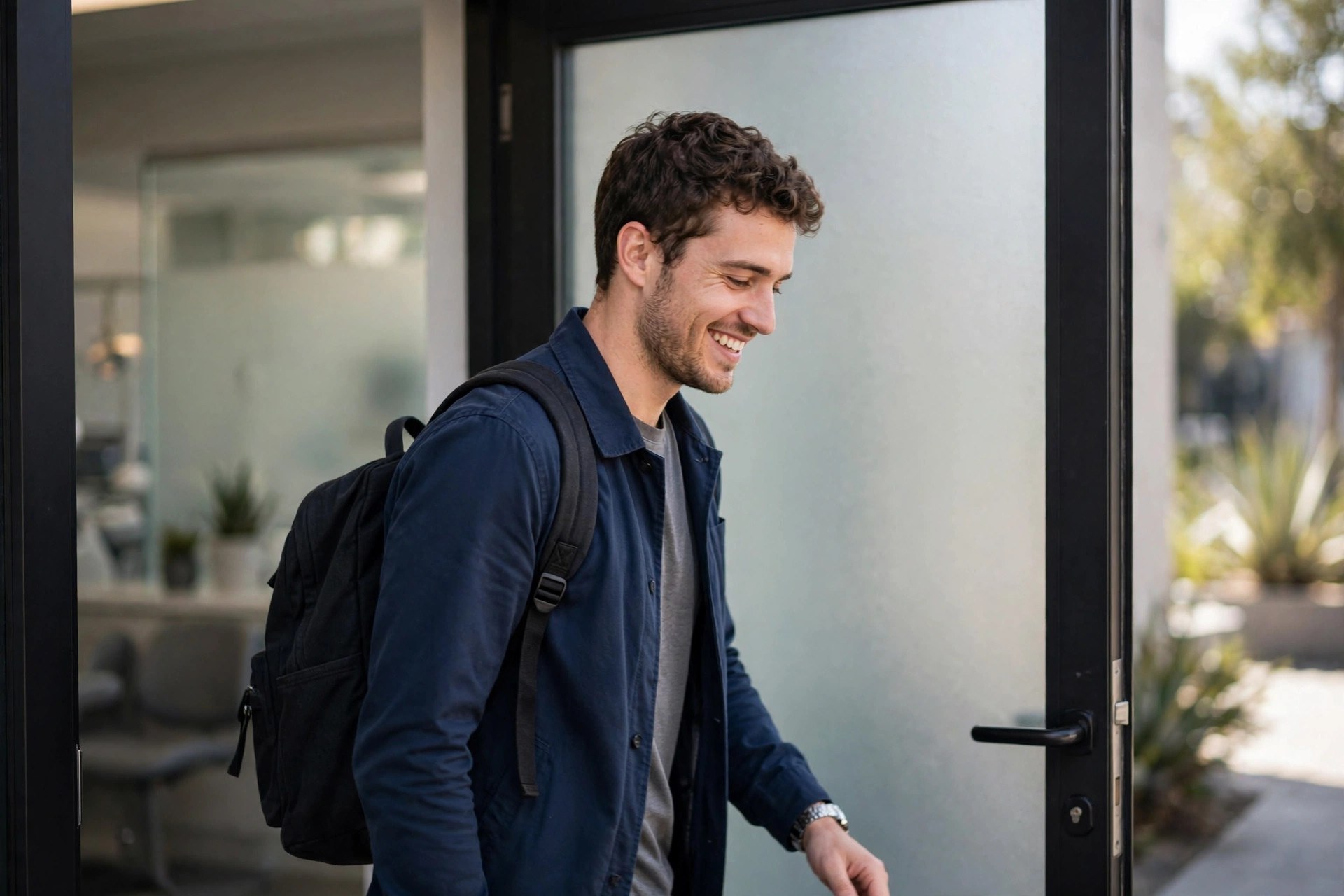Smiling patient leaving a dental clinic after an appointment