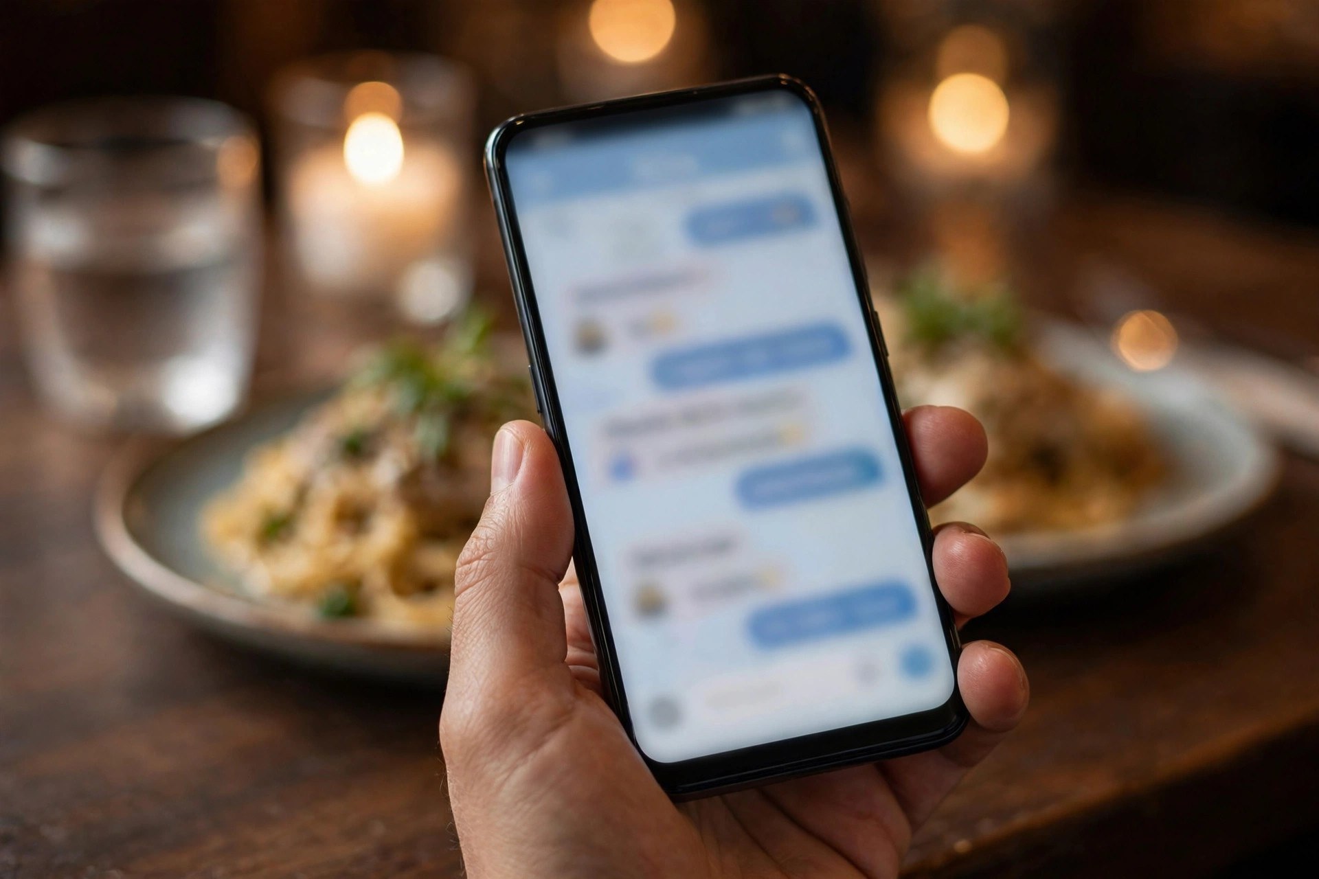 Hand holding a smartphone with a chat app on a restaurant table next to a plated meal