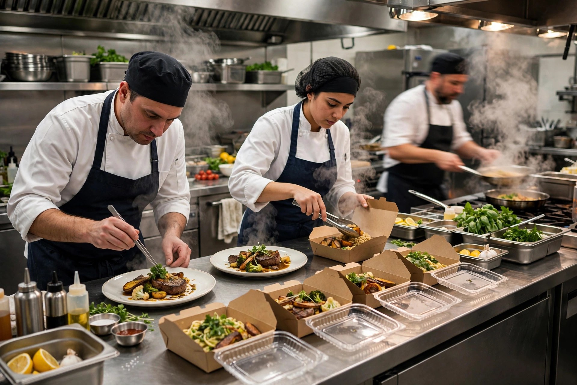 Restaurant kitchen team plating dishes and packing takeaway orders during a busy service
