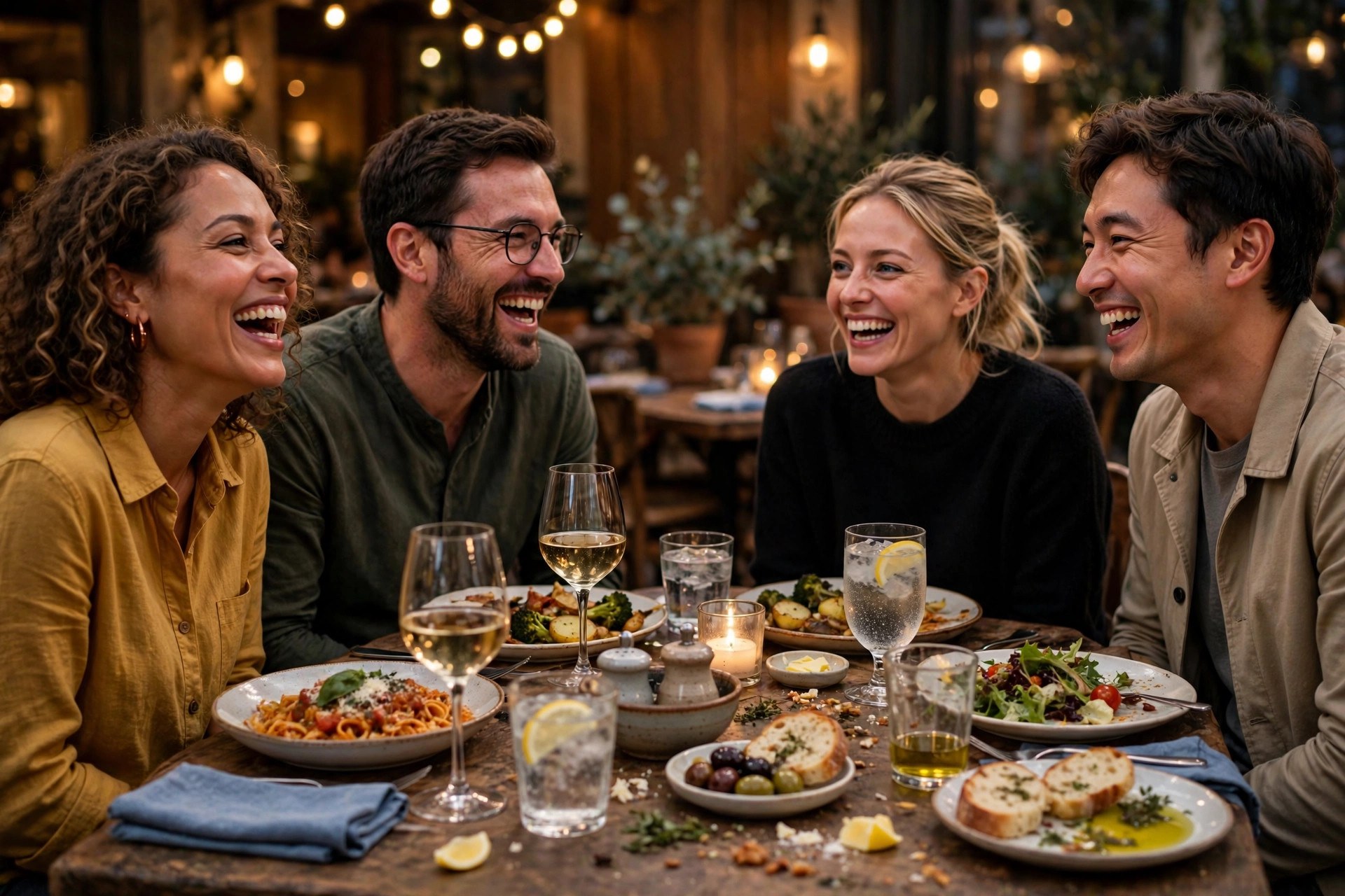 Happy guests sharing a meal and laughing together at a restaurant table