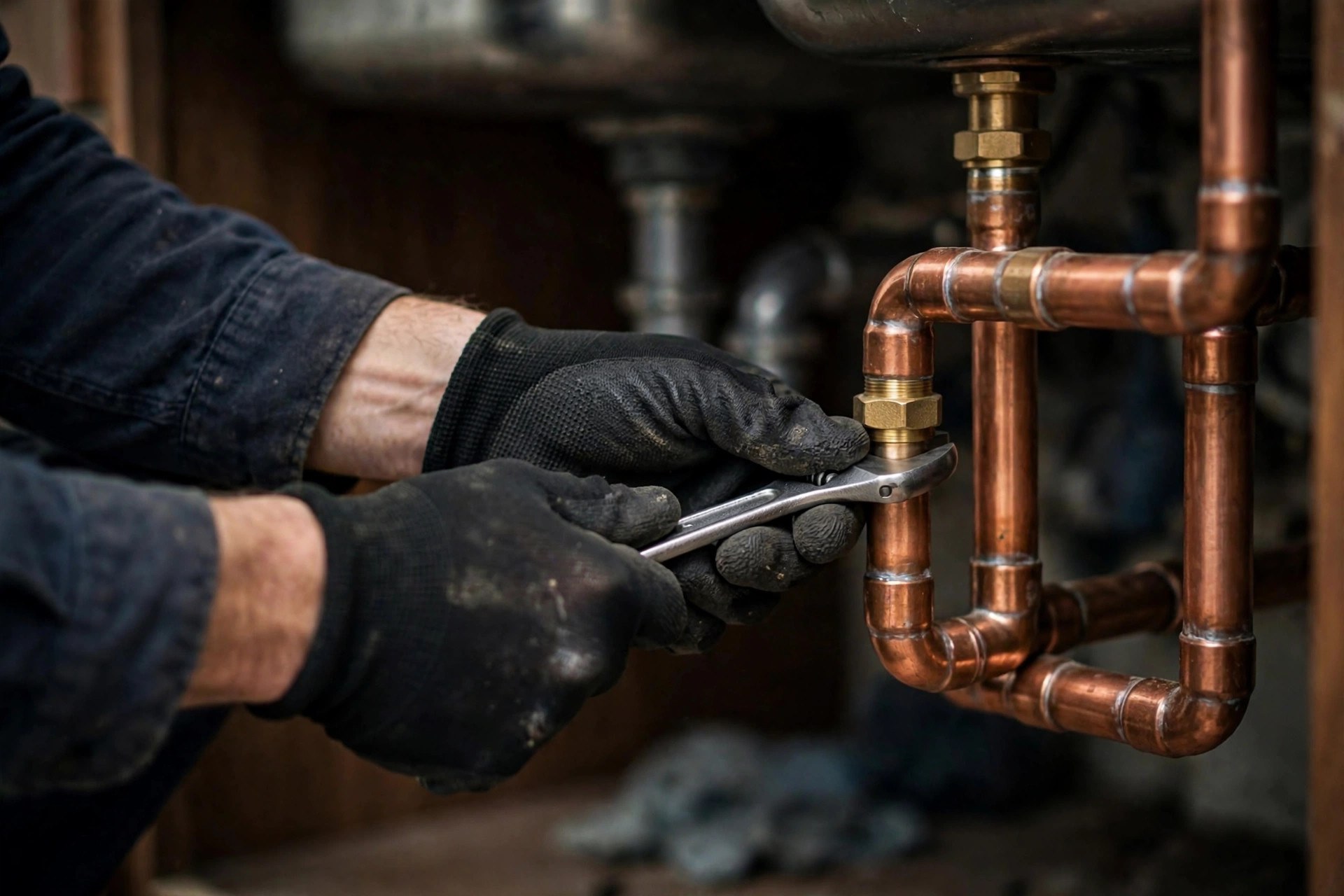 Plumber in work gloves repairing copper pipes under a kitchen sink with a wrench