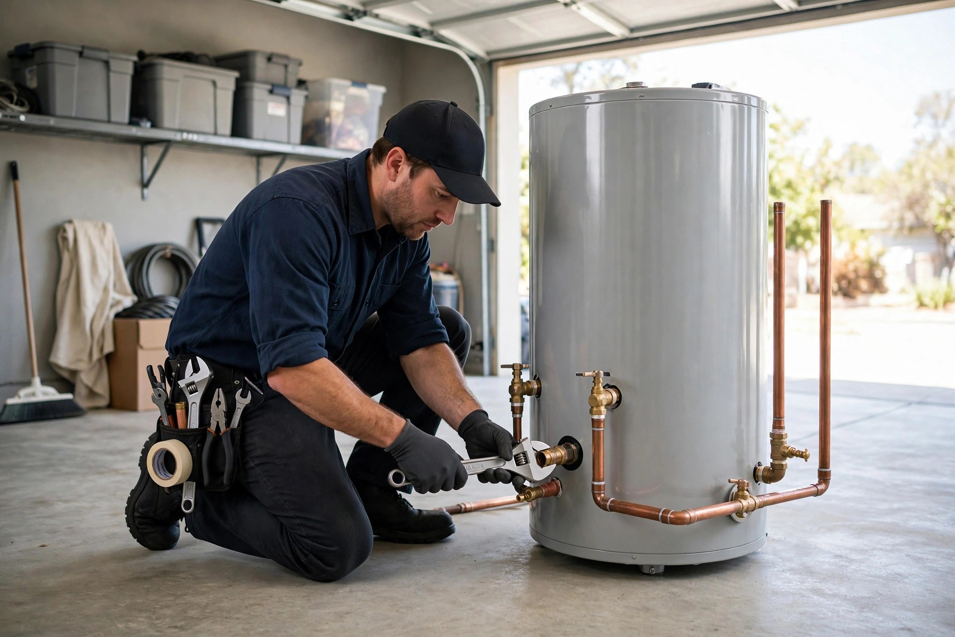 Plumber installing a new tank water heater in a home garage