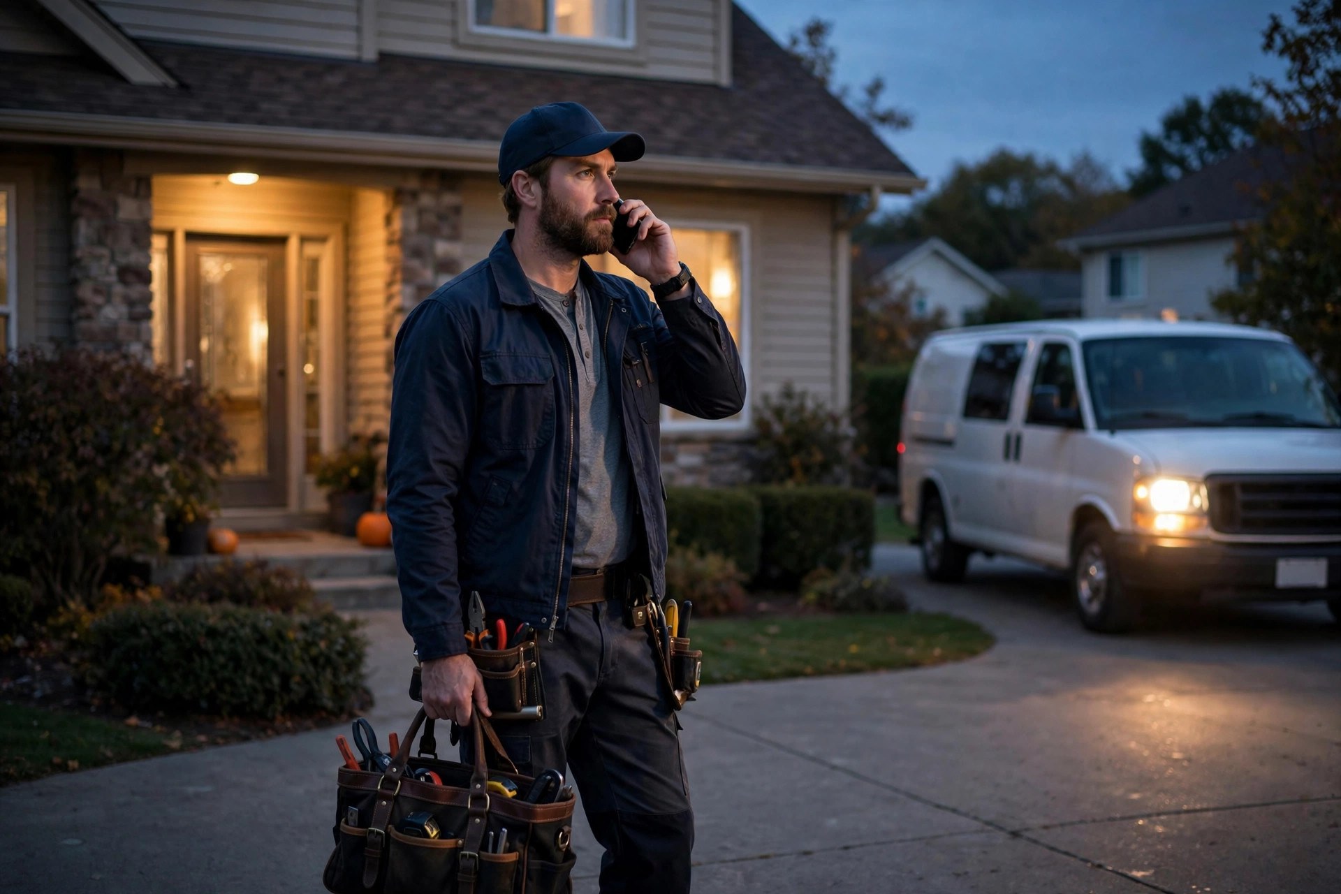 Plumber arriving for an evening emergency call with a tool bag outside a suburban home
