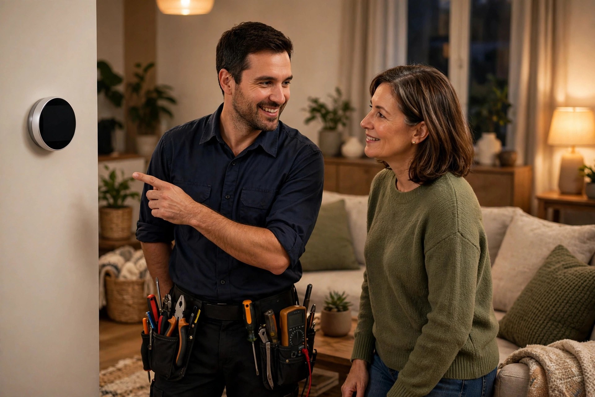 HVAC technician showing a smart thermostat to a homeowner in a living room
