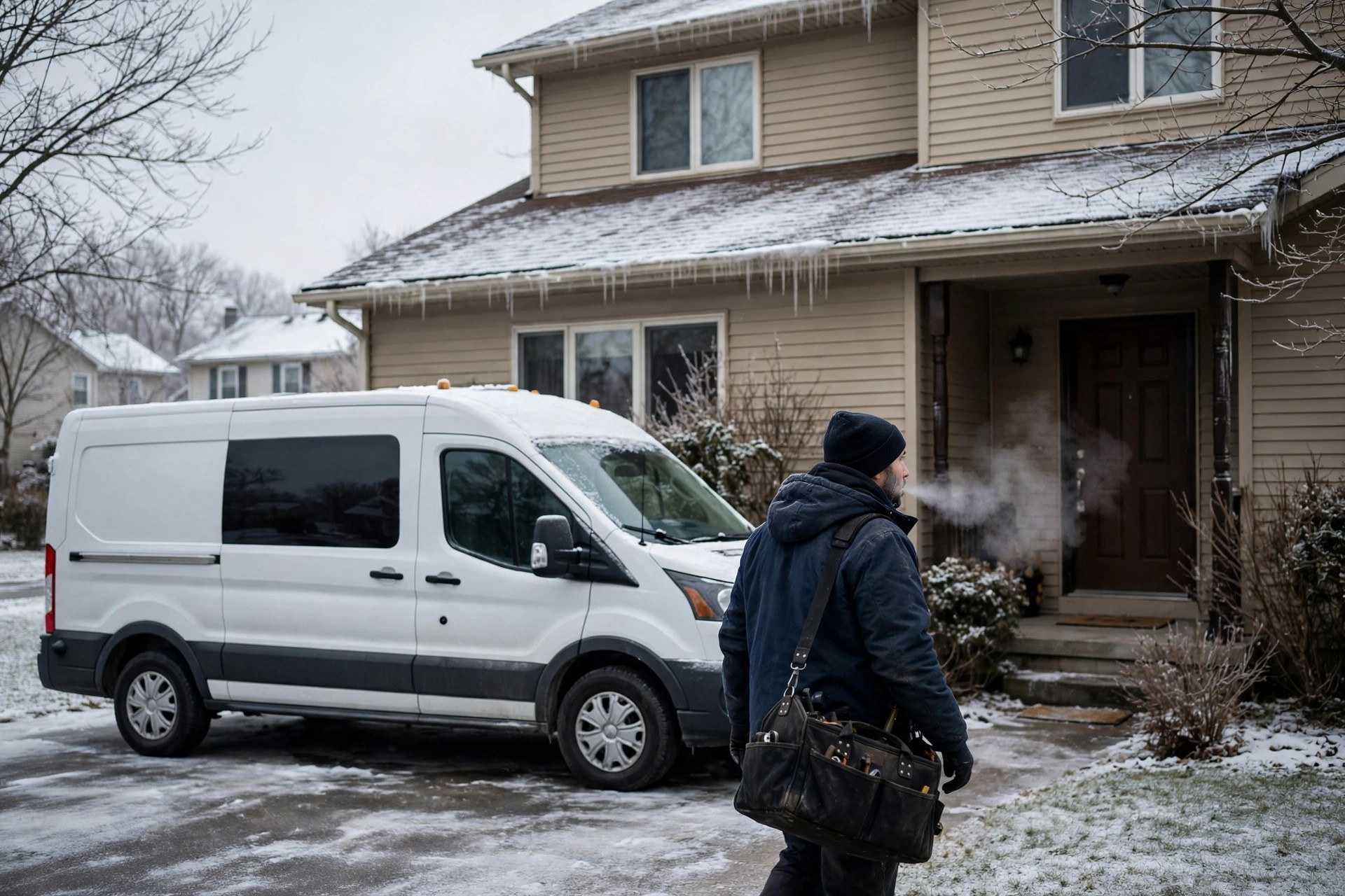 HVAC service van parked outside a suburban home on a winter day with a technician carrying tools