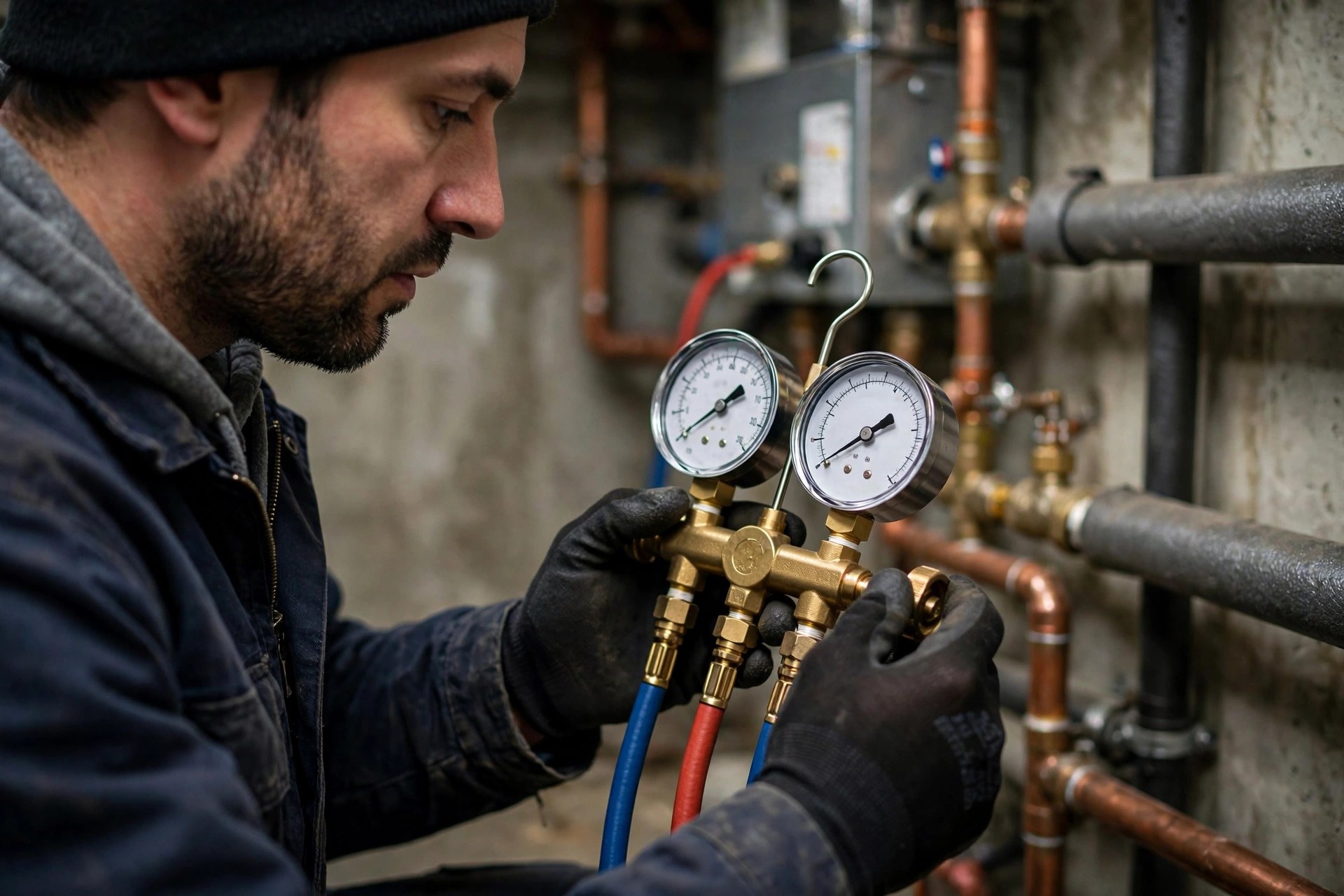 HVAC technician checking pressure gauges on a home heating system in a utility room