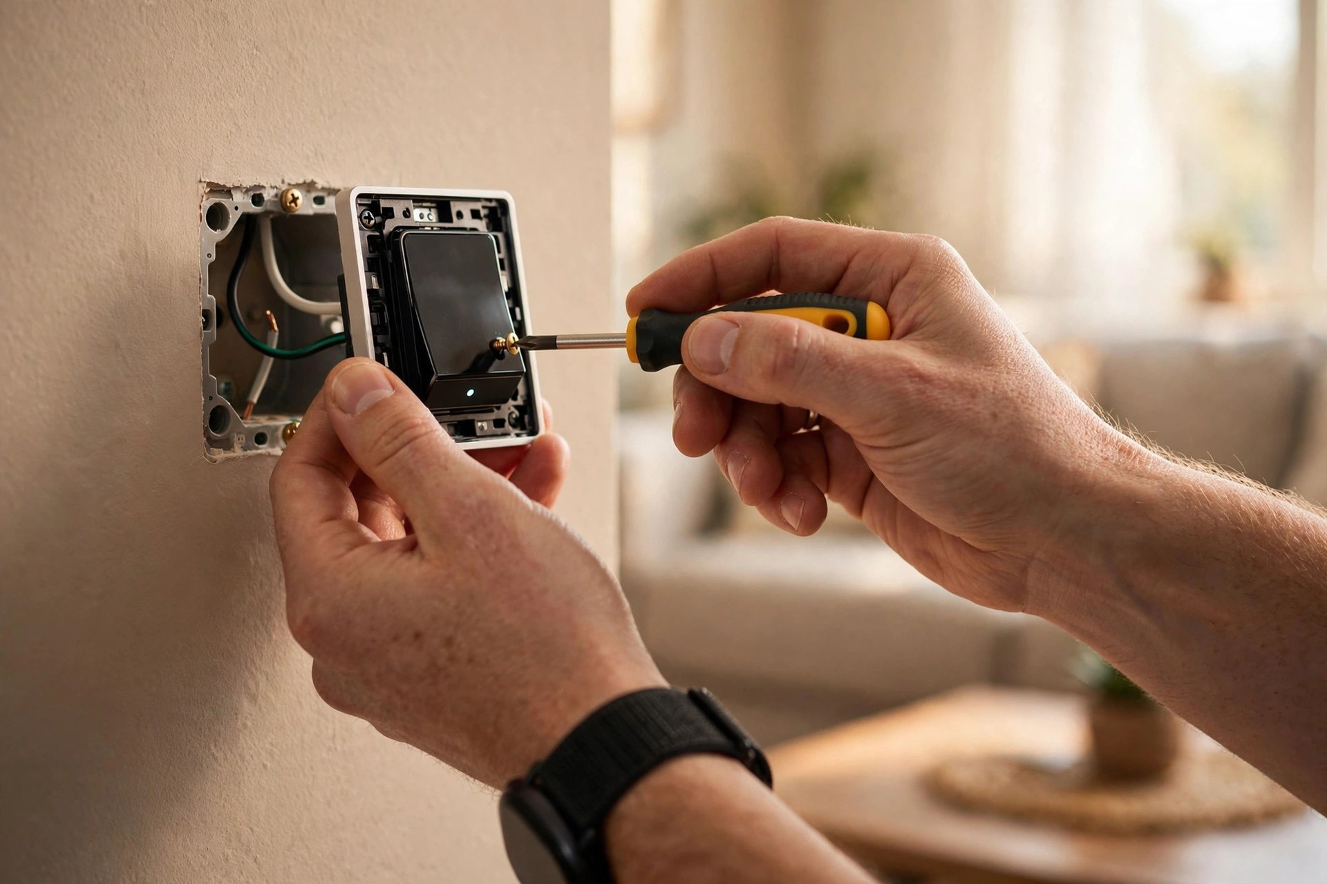Google Business Profile Optimization for Electricians: Win the Map Pack Electrician's hands installing a modern smart light switch on a living room wall