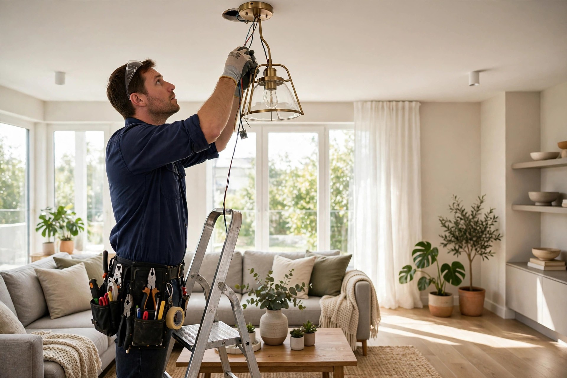 Google Business Profile Optimization for Electricians: Win the Map Pack Electrician on a ladder connecting a ceiling light fixture in a bright modern living room