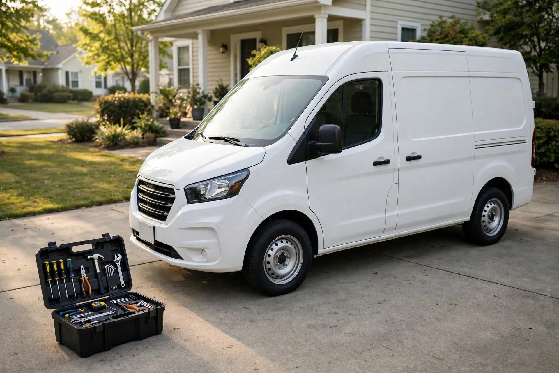 Google Business Profile Optimization for Electricians: Win the Map Pack Clean white service van parked in a suburban driveway with a tidy toolbox beside it