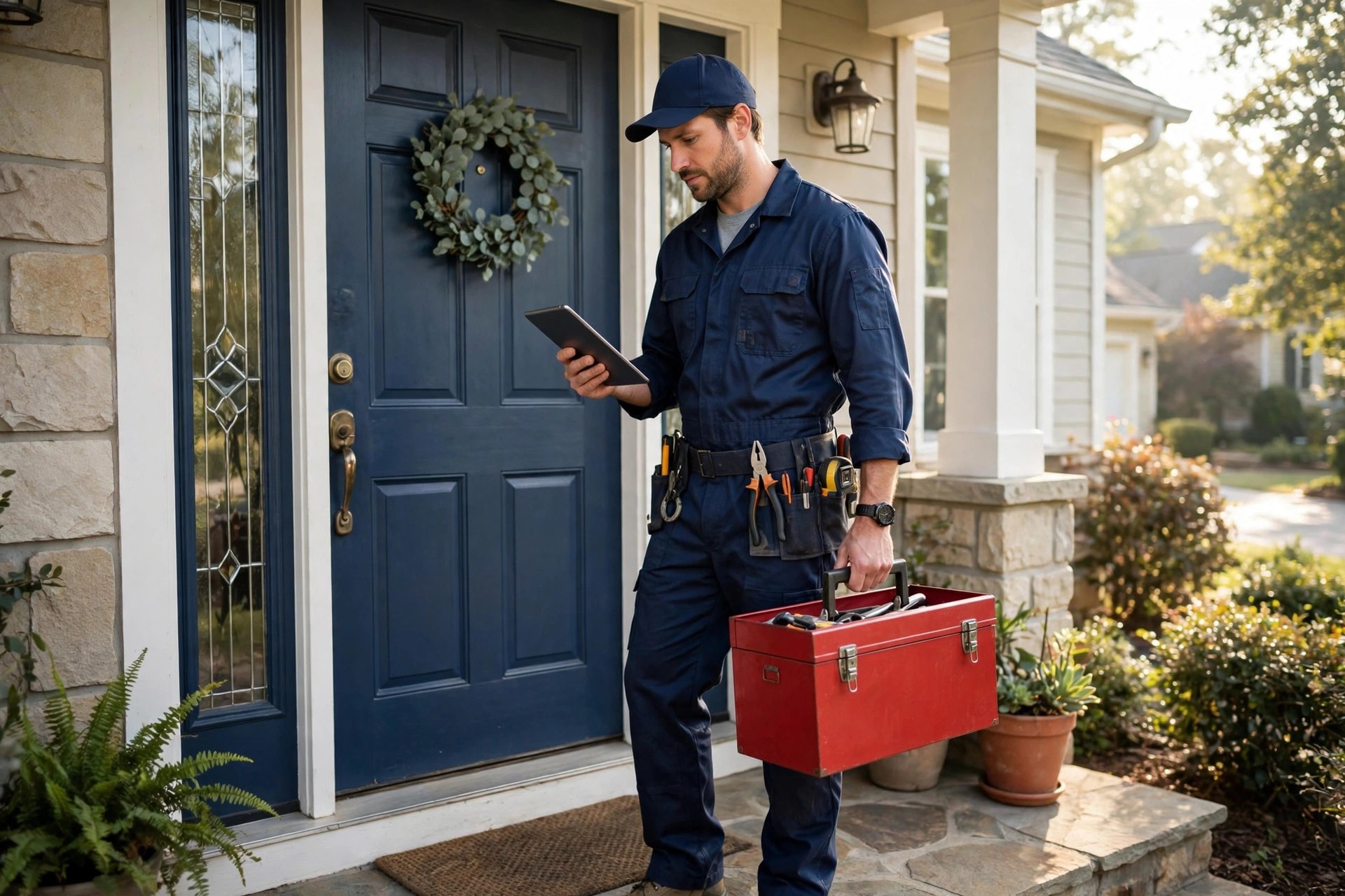 Plumber holding a tablet at the front door of a suburban home carrying a red toolbox