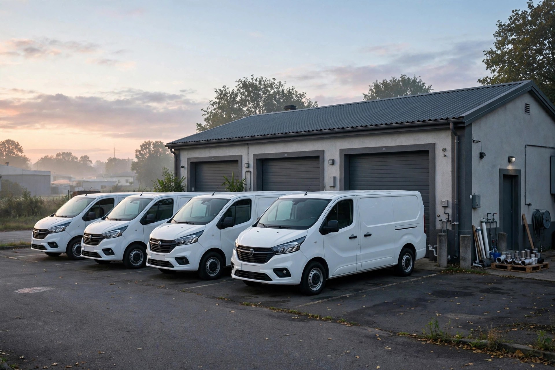 Row of clean white plumbing service vans parked in front of a small workshop building at dawn