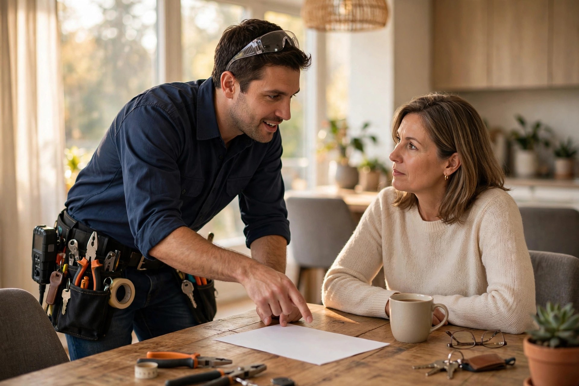 Electrician explaining a written estimate to a homeowner at a dining table