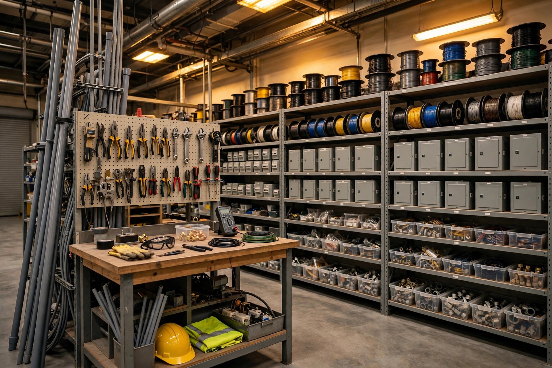 Tidy electrical company workshop with shelves of wire spools and breaker boxes