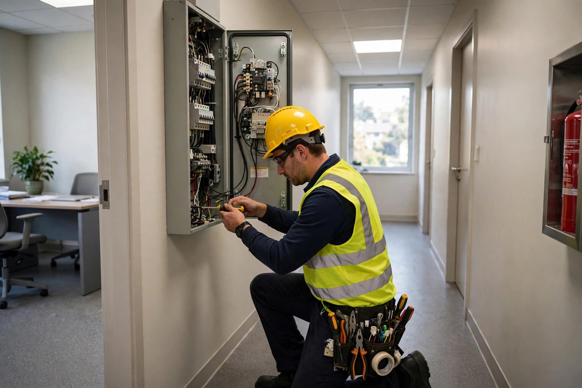 Electrician in safety gear working on a commercial electrical panel in an office hallway