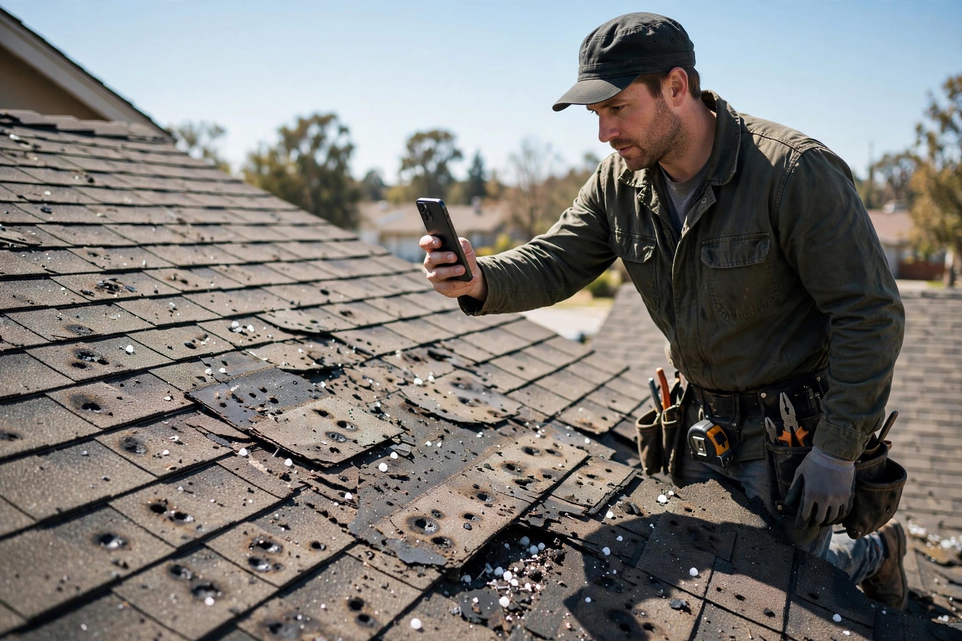 Roofer photographing hail damage on shingles with a smartphone while standing on a roof