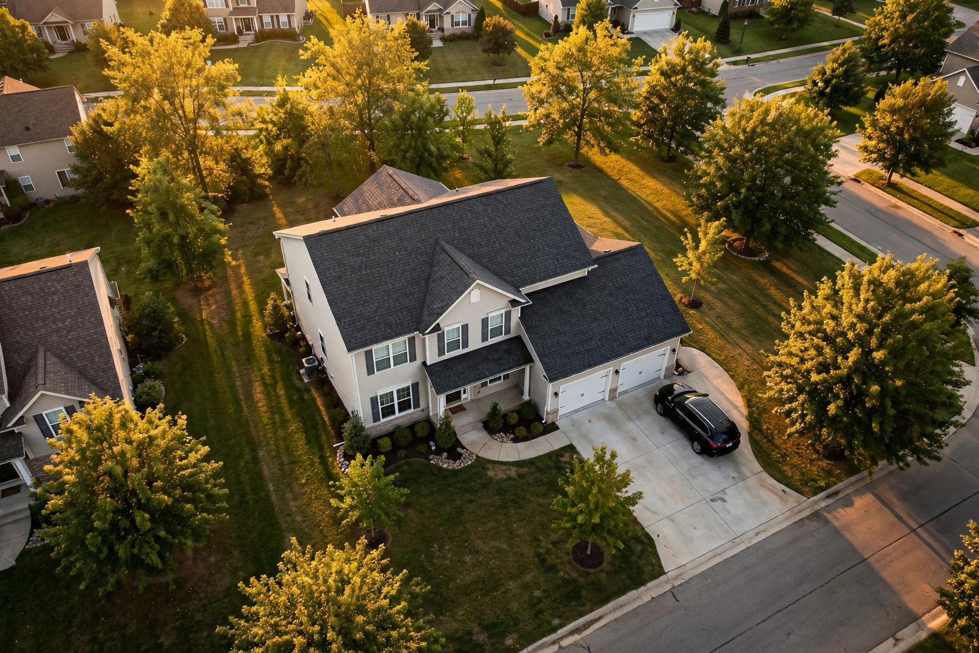 Aerial view of a newly completed asphalt shingle roof on a two-story suburban house at golden hour