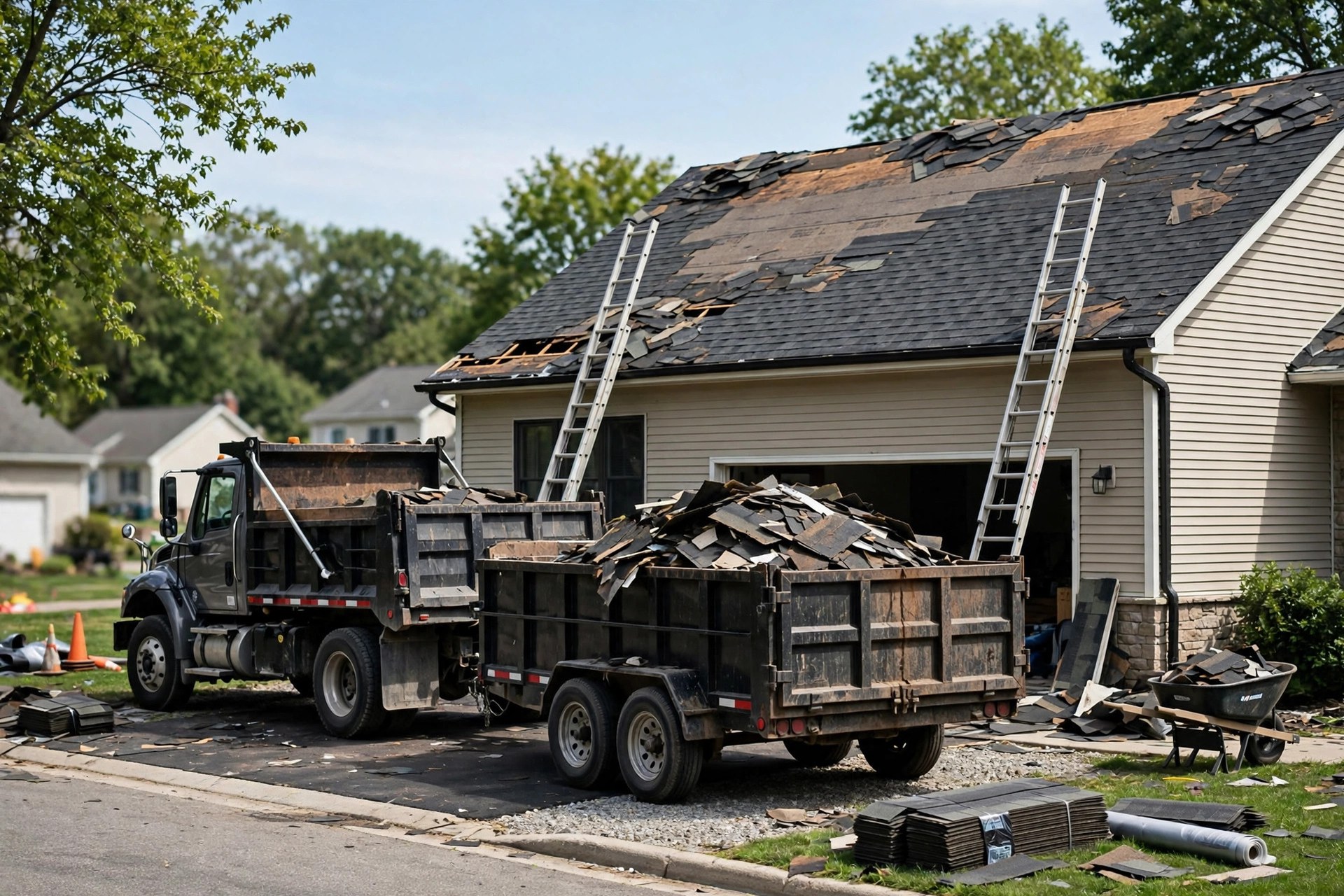 Roofing truck with a dump trailer parked at a residential job site with ladders leaning on the roof edge