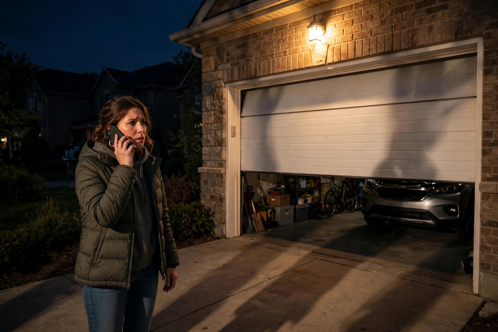 Homeowner on the phone beside a garage door stuck half open at night with a car trapped inside