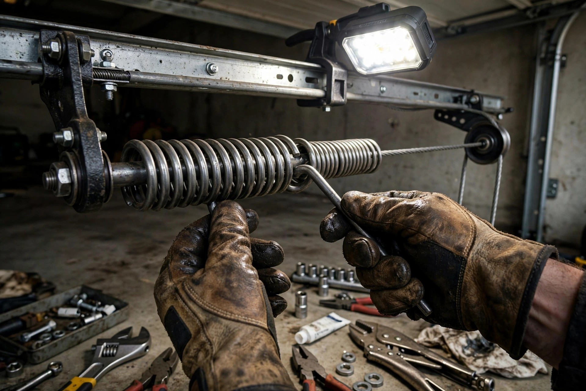 Technician replacing a torsion spring on a garage door mechanism with a work light