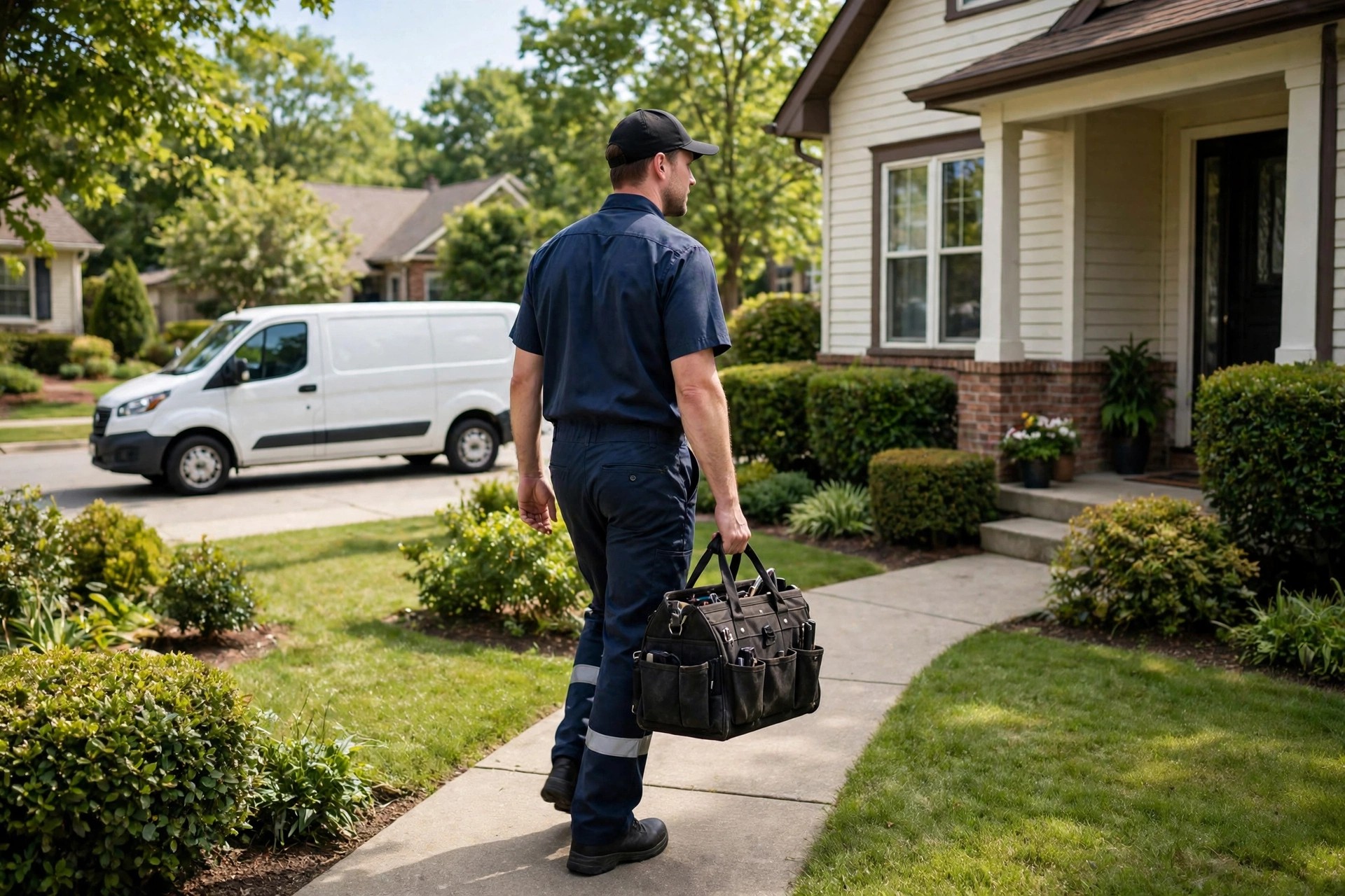 Garage door service technician arriving at a suburban home with a tool bag
