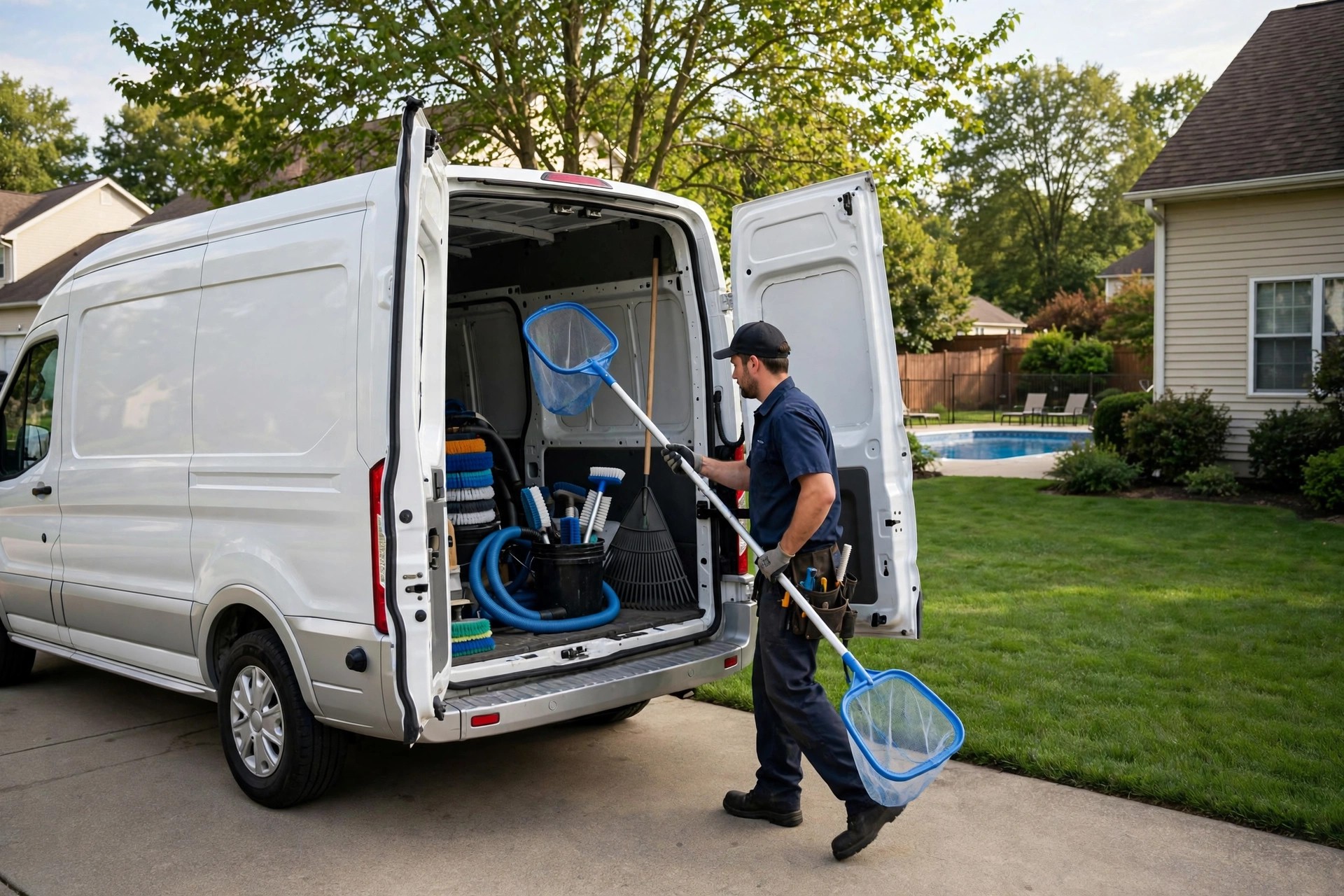 Pool company service van arriving at a suburban home with cleaning equipment