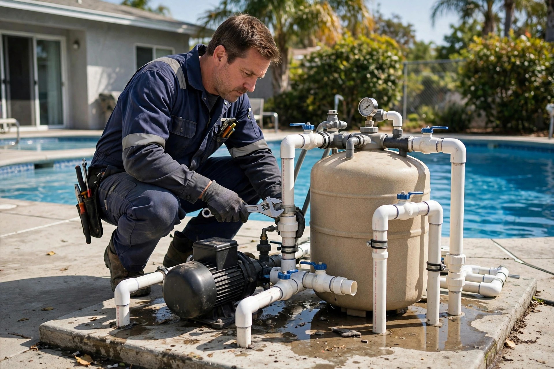 Technician repairing pool pump equipment on a concrete equipment pad beside a pool