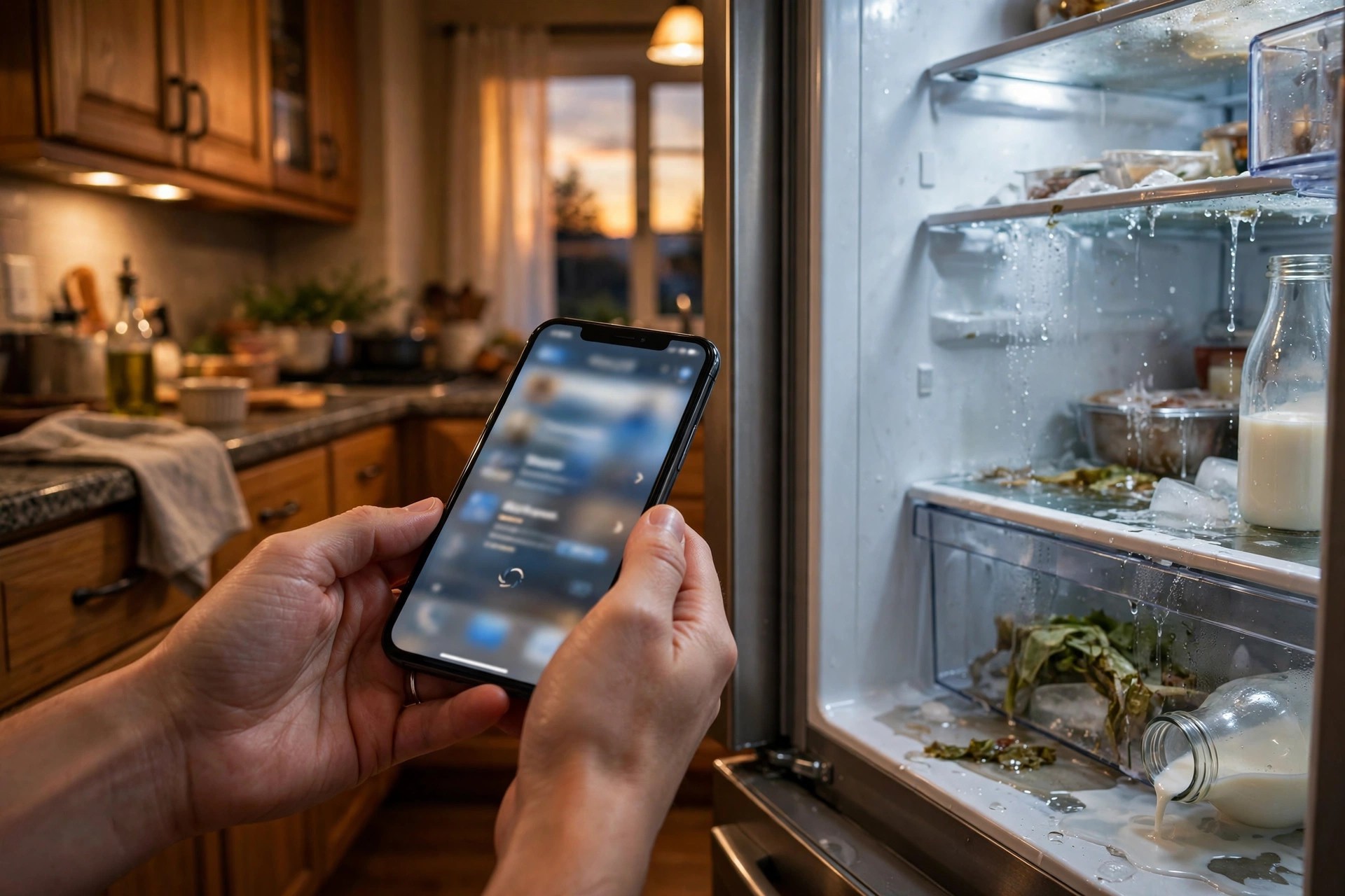 Homeowner using a smartphone in a kitchen beside a refrigerator with the door open