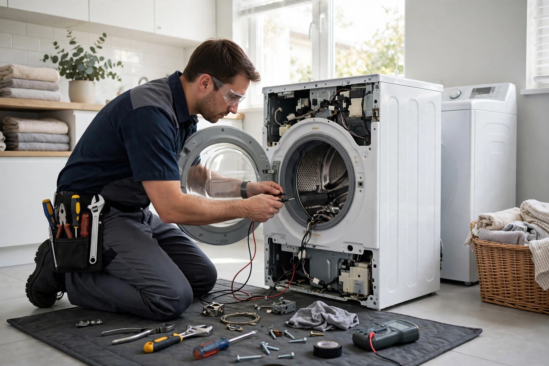 Appliance repair technician diagnosing a front-load washing machine with tools in a laundry room