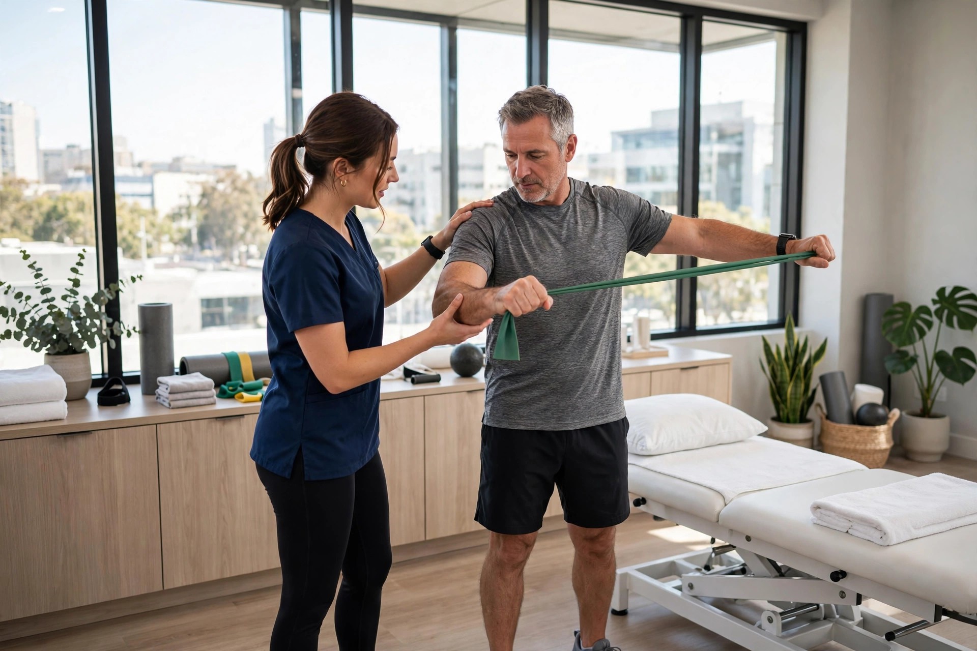 Physical therapist guiding a patient through shoulder exercises with resistance bands in a bright clinic