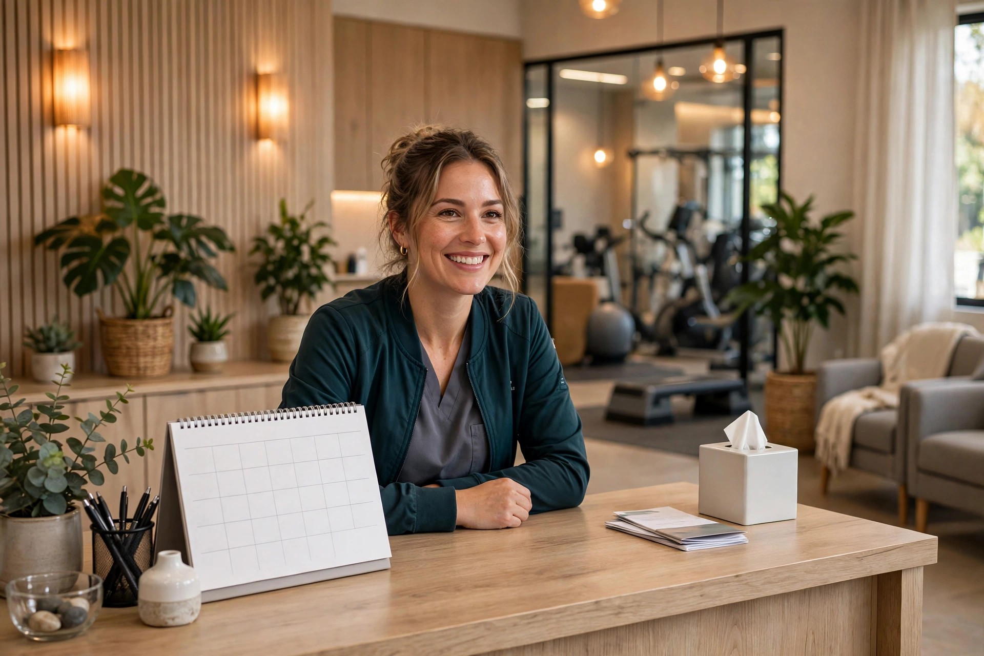Physical therapy clinic front desk with a scheduling calendar and a friendly receptionist
