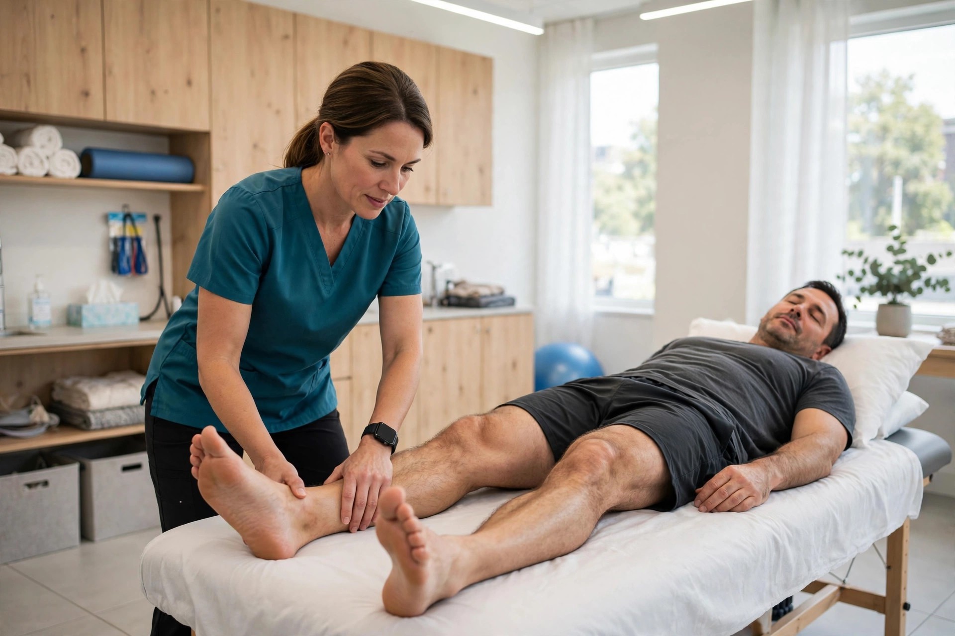 Physical therapist helping a patient with stretching exercises on a treatment table