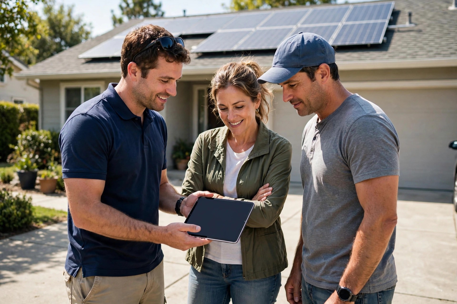 Solar company consultant reviewing a tablet with a homeowner couple in a sunny driveway, rooftop solar panels behind them