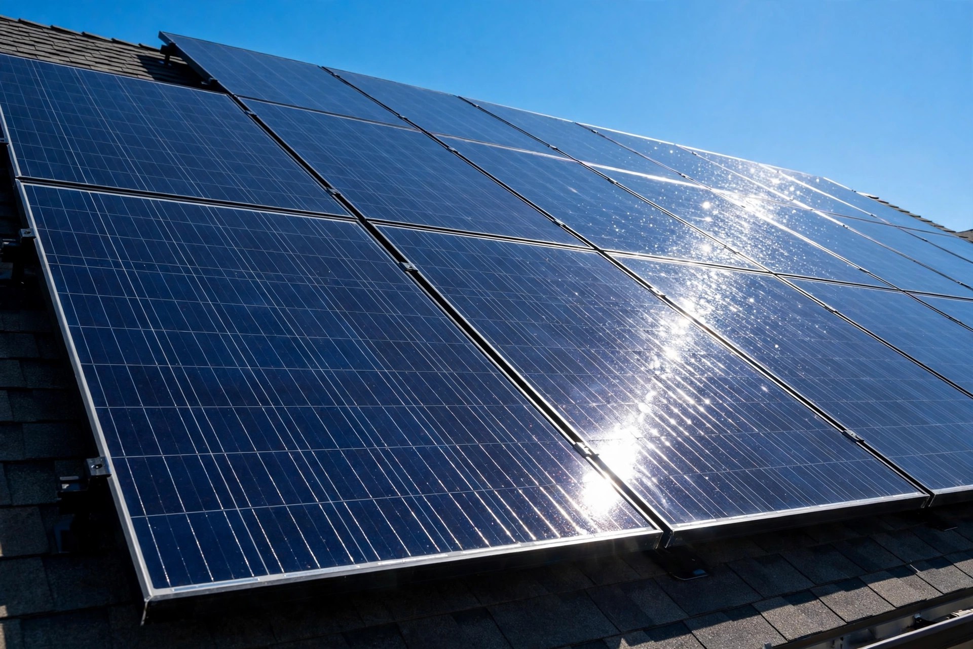 Close-up of dark blue solar panels on a residential rooftop with sunlight reflecting off the surface