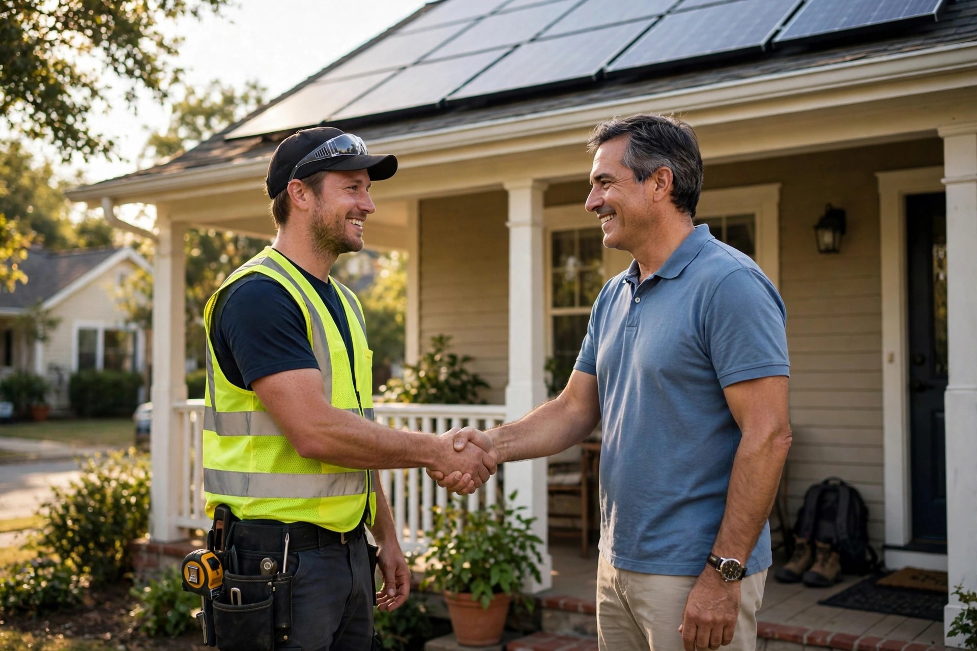 Solar technician shaking hands with a homeowner on a front porch after a successful installation