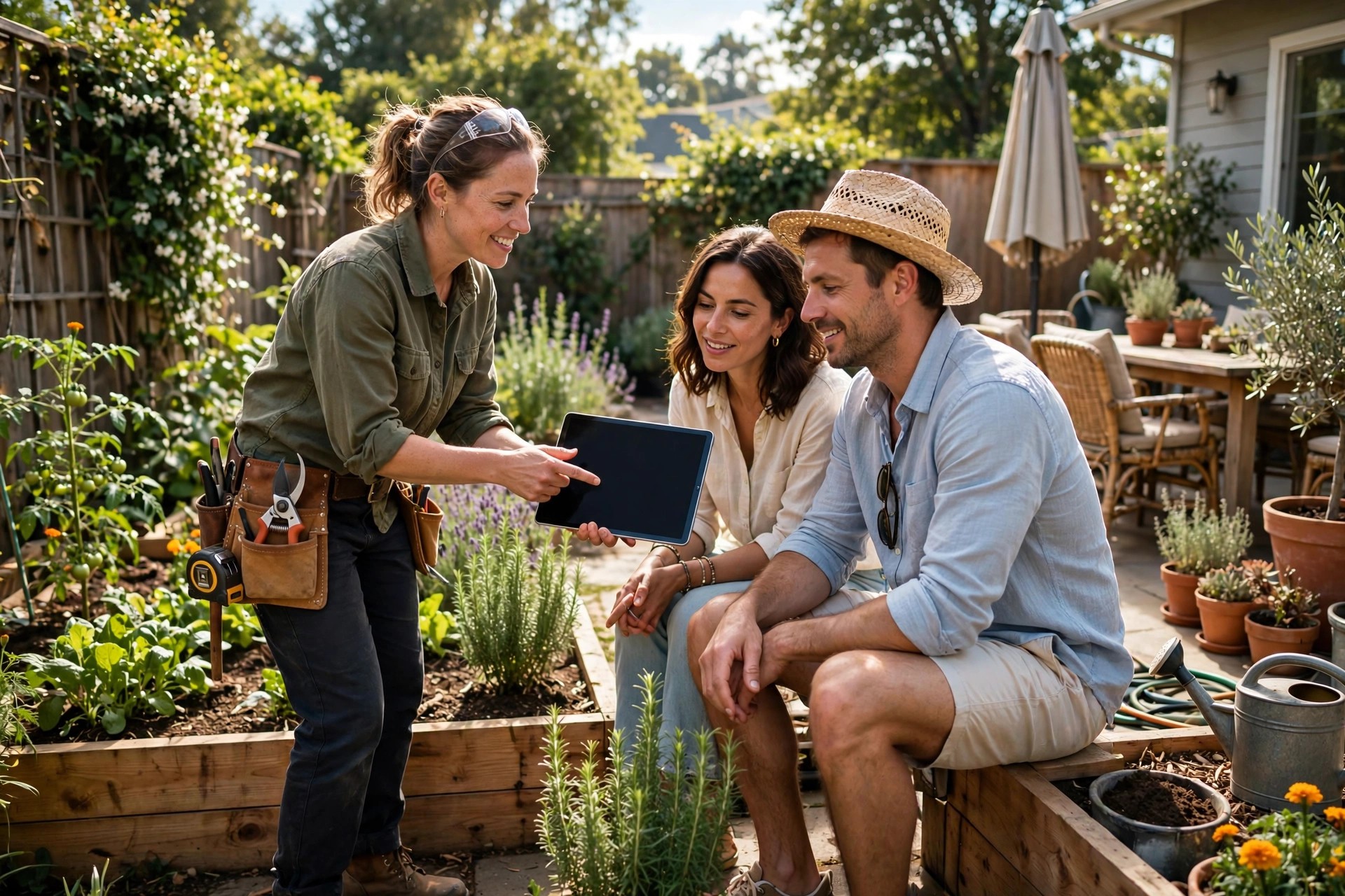 Landscape designer showing a garden design plan on a tablet to a homeowner couple in their sunny backyard