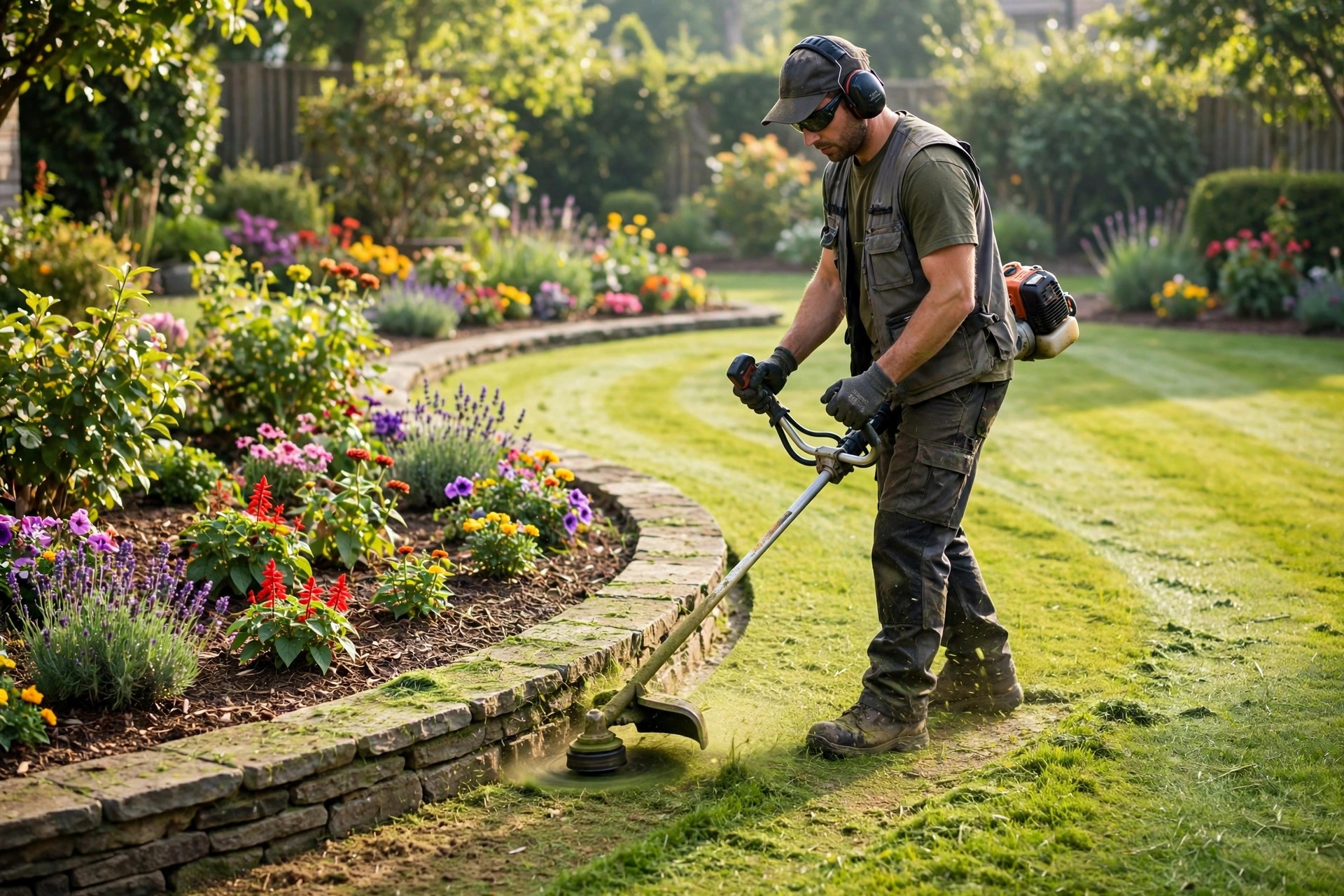 Landscaper edging a lawn along a curved stone garden border with fresh grass stripes and flower beds